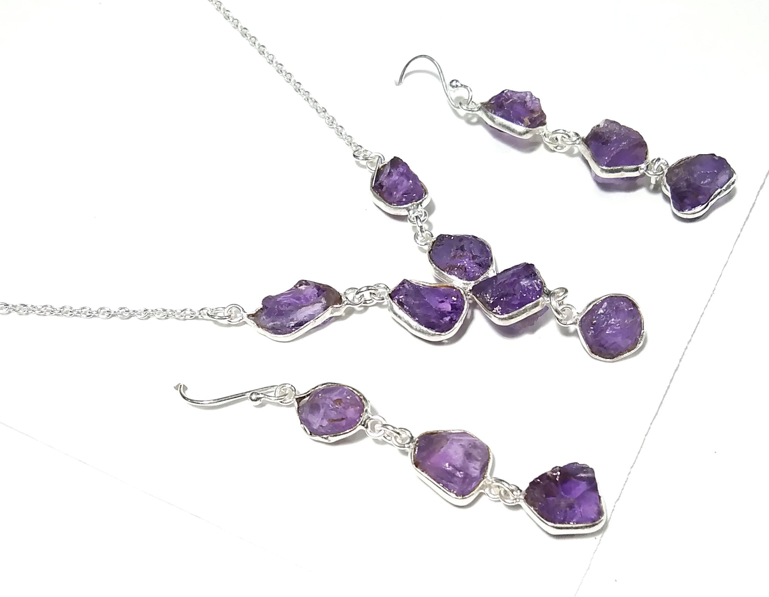 Natural Amethyst Rough Earrings And Necklace Jewellery Set, 925 Solid Sterling Silver Necklace Amazing Quality Amethyst Gift For Girls/Women