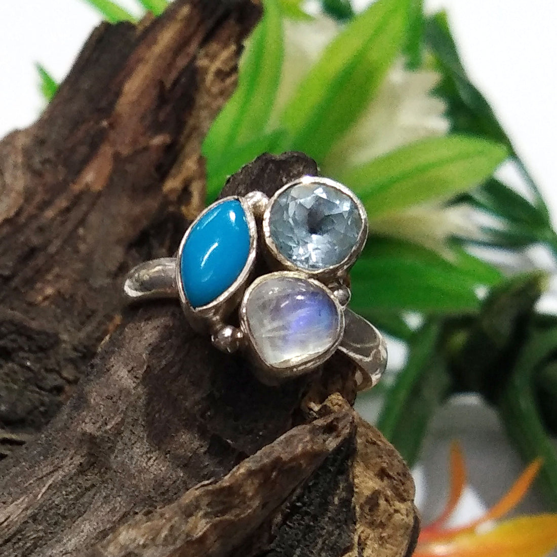 Natural Turquoise, Aquamarine, Moonstone Gemstone Ring, 925 Solid Starling Silver Ring, Stone Size Mix Handmade Birthstone Ring Gift For Her