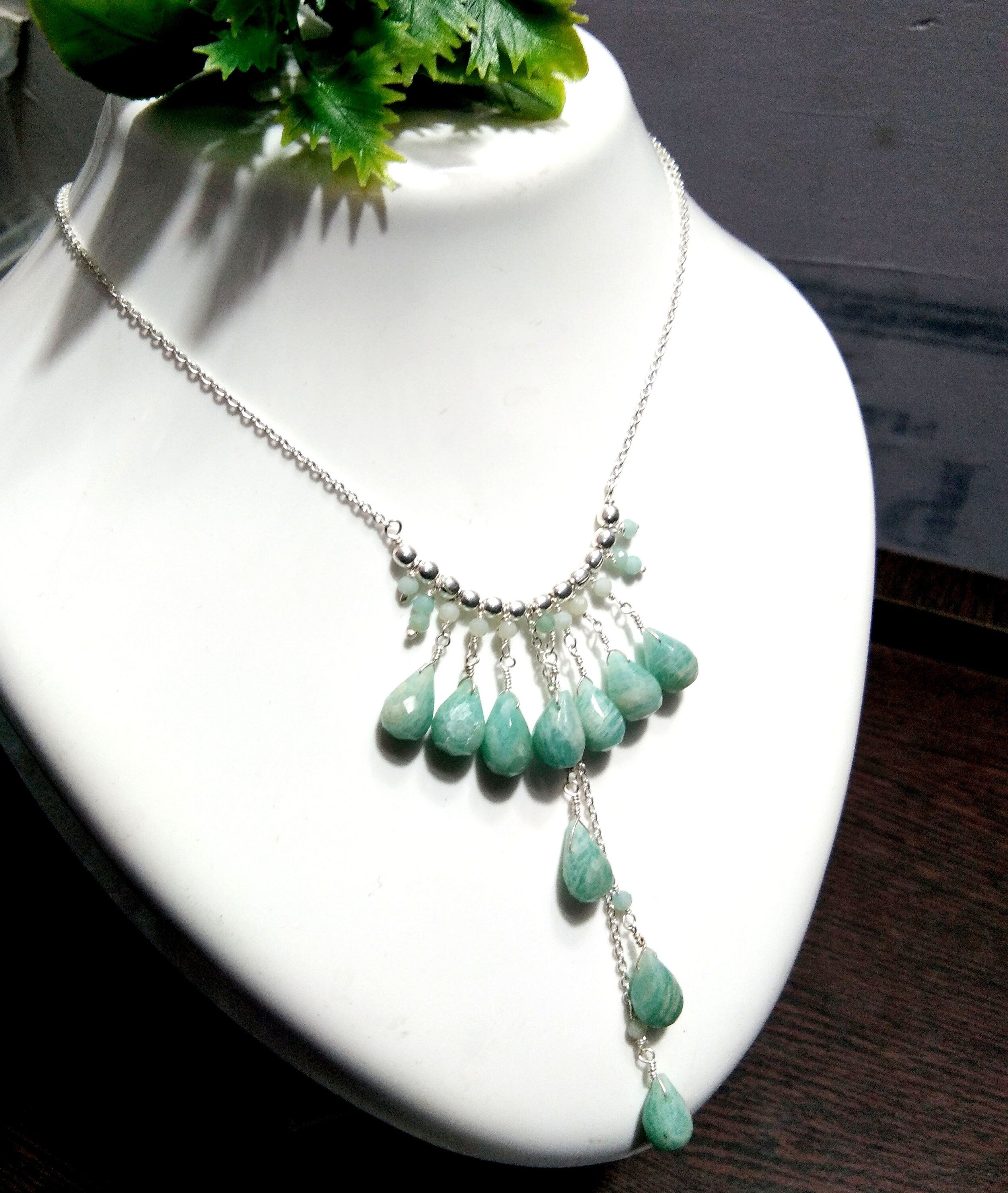 Natural Amazonite Drop's Gemstone Chain Necklace Jewelry, 925 Starling Silver Chain Necklace, Amazonite Stone Necklace, For Girls & Women