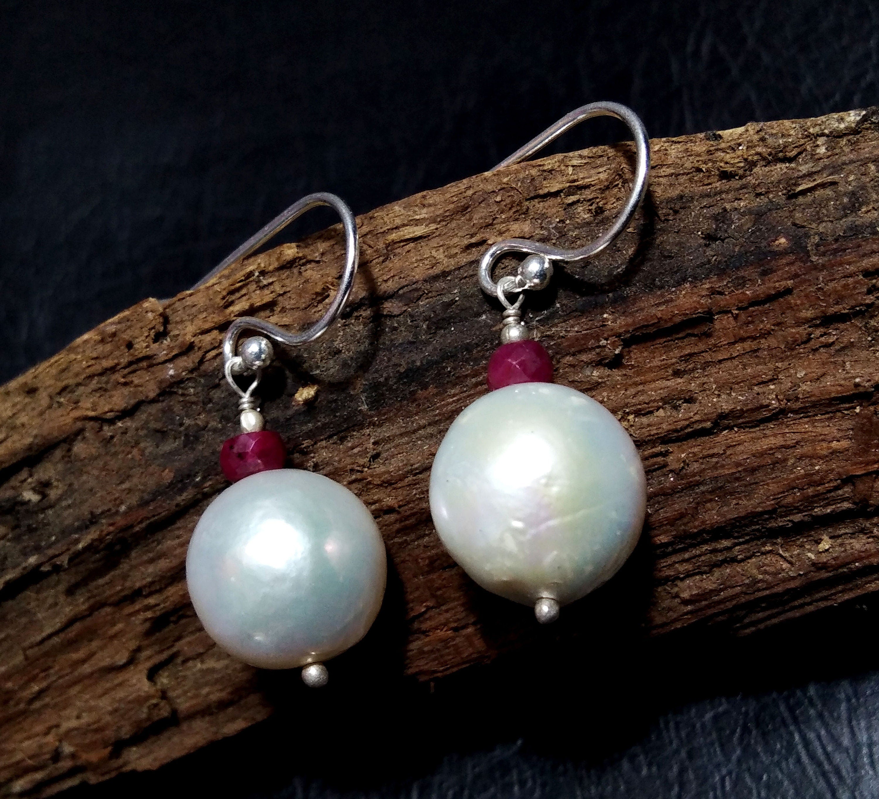 Natural South Sea Pearl Earring, Pearl & Red Ruby Earring, 925 Silver Earring, Round Shape Pearl Beautiful Earring, Girls/Women Gift Jewelry