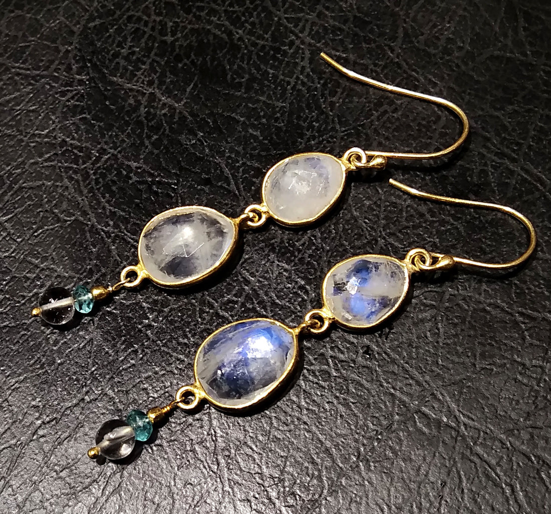 Natural Rainbow Moonstone Blue Fire Stone Earring, 925 Solid Starling Silver With Gold Plated Earring, Gift Item For Girls/Women Earring