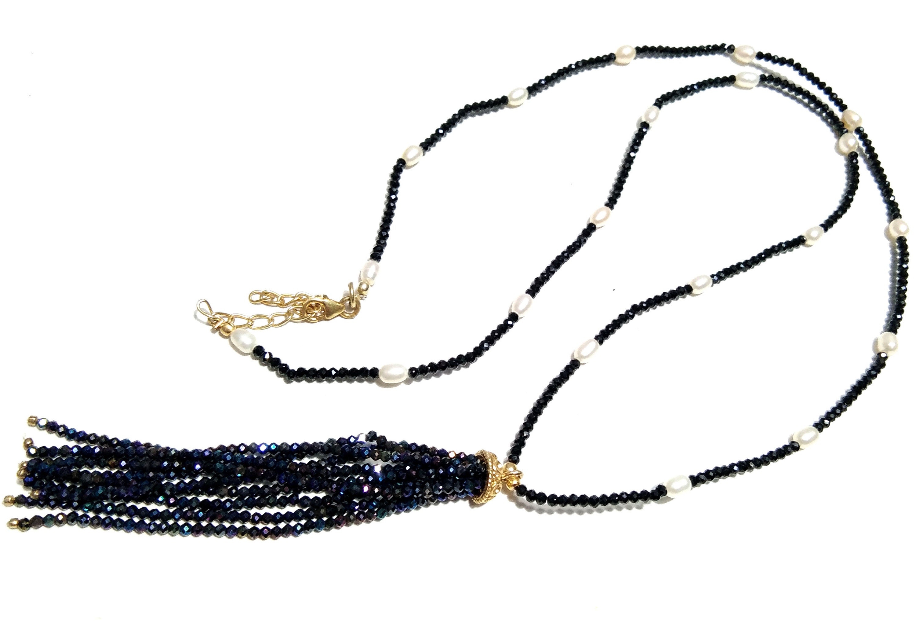 Natural Black Spinel And White Baroque Pearl Chain Necklace, 925 Starling Silver Gold Plated Chain Necklace 40''Inch Adjuster Chain Necklace