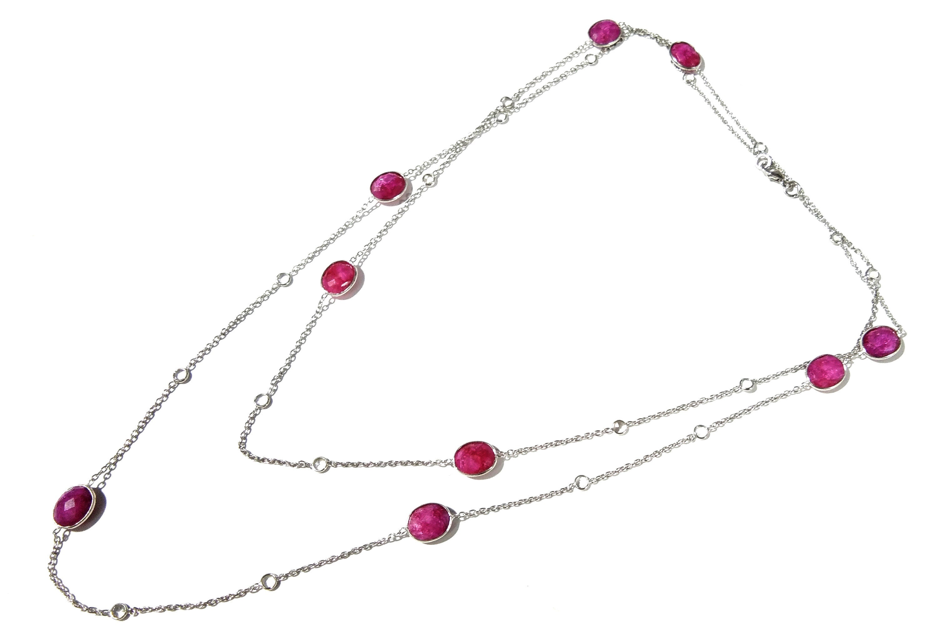Ruby Necklace in 925 Sterling Silver With Zircon Polky Necklace, Handmade Bezel Necklace 40" Inches Length.