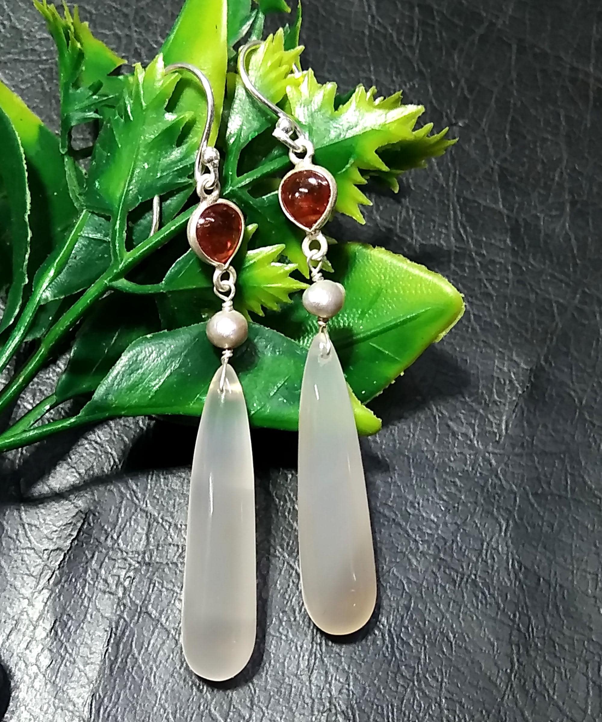 Natural Chalcedony/Yellow Garnet & Pearl Gemstone Earring 925 Starling Silver Earring Handmade Silver Jewelry Stone Earring Gift Birthday