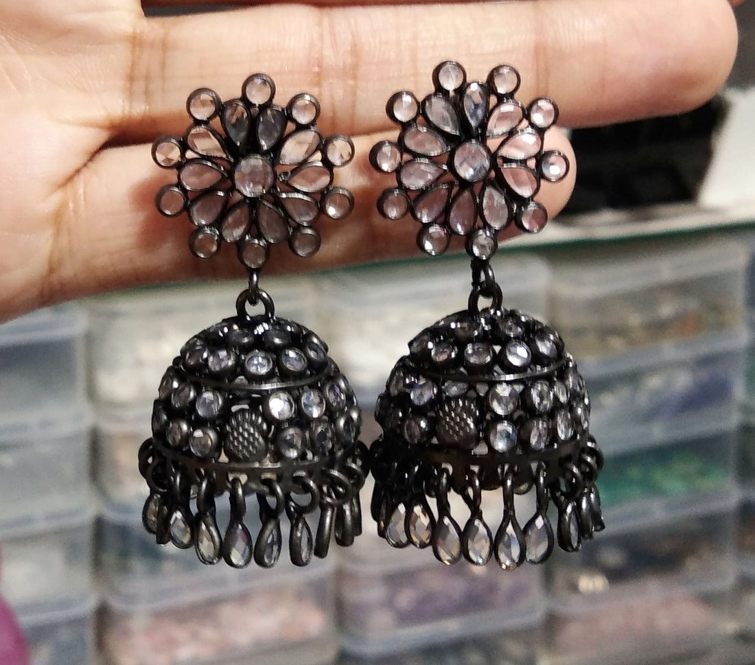 Natural White Zircon Jhumka Earrings, 925 Solid Starling Silver Black Plated Jhumka Earring, Rajasthani style jumka Earrings, Gift Earring