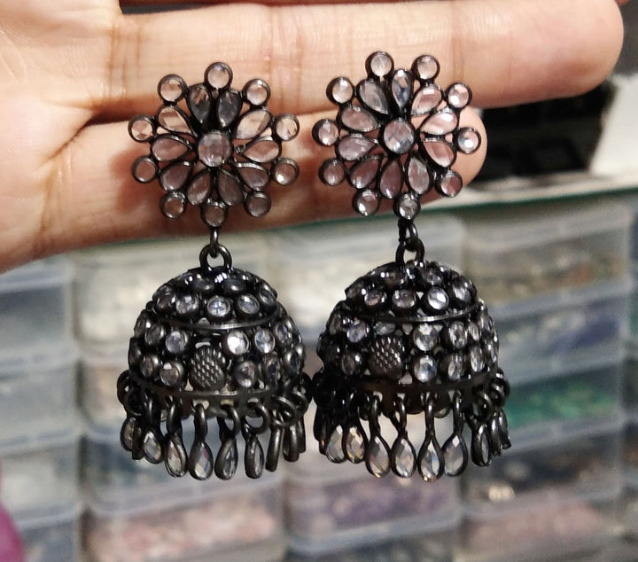 Natural White Zircon Jhumka Earrings, 925 Solid Starling Silver Black Plated Jhumka Earring, Rajasthani style jumka Earrings, Gift Earring
