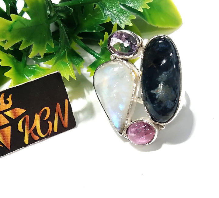 Pietersite,Rainbow Moonstone,Ruby And Amethyst Multi Stone Ring, 925 Solid Sterling Silver Jewelry, Natural Gemstone Ring, Handmade Jewelry.