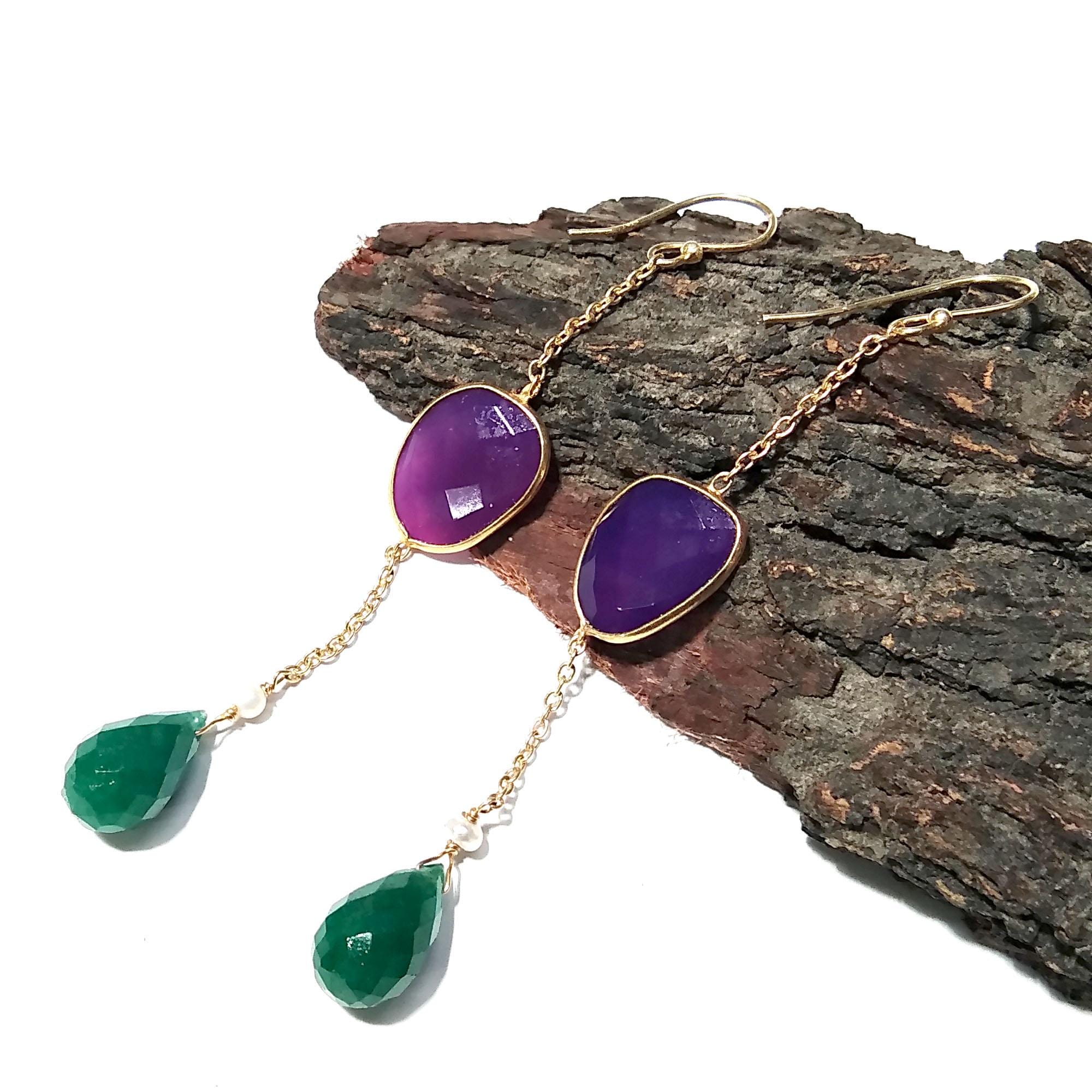 Natural Green Jade & Pink Chalcedony Gemstone Earring, 925 Starling Silver With Gold Plated Earring, Bezel Handmade Earring, For Girls/Women