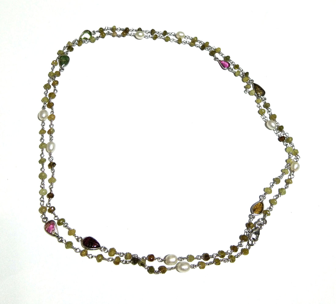 Natural Hessonite,Tourmaline Carving/Pearl Stone Chain Necklace, 925 Starling Silver Chain 44''Inches Gift Beads Chain Necklace Jewelry