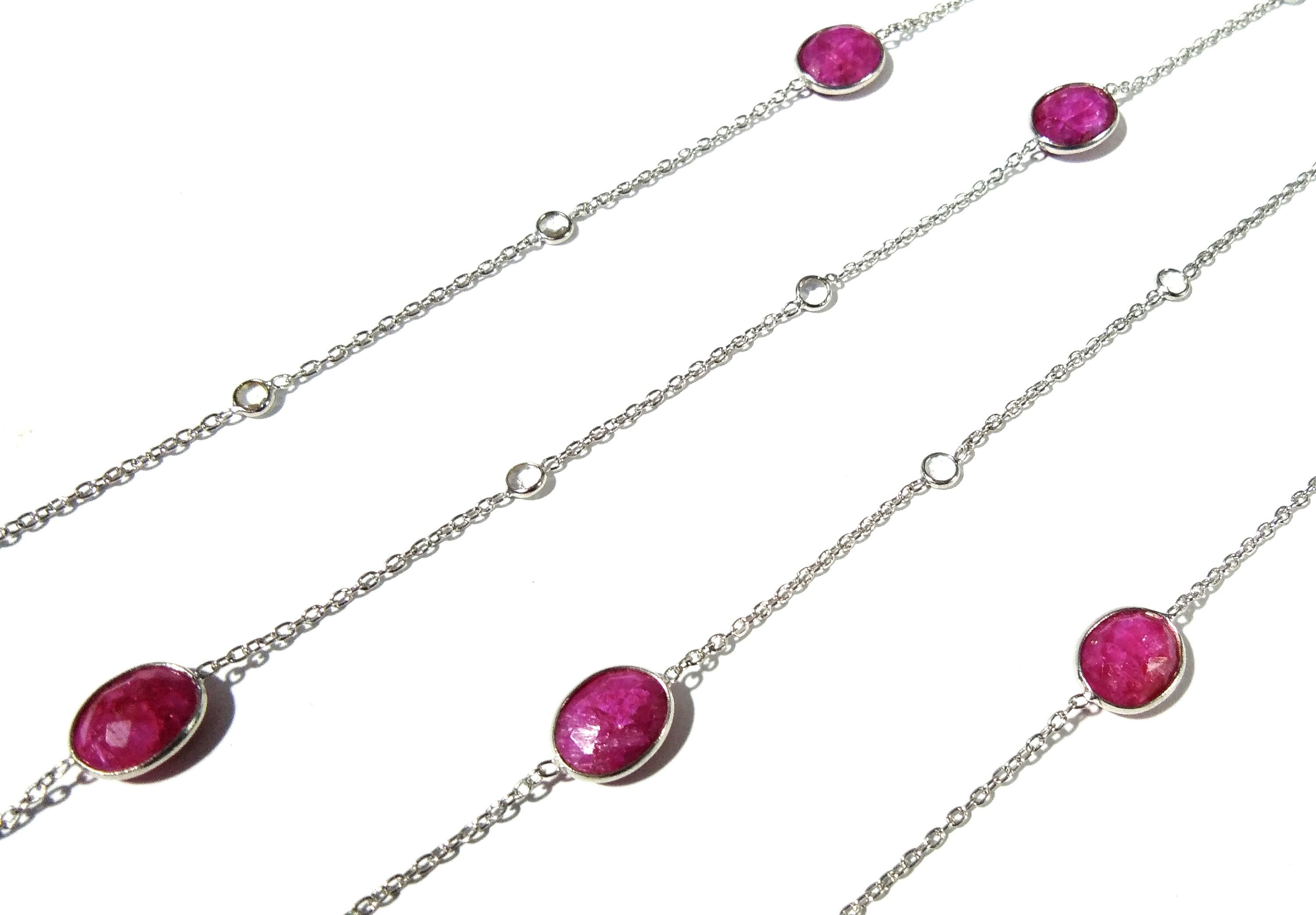Ruby Necklace in 925 Sterling Silver With Zircon Polky Necklace, Handmade Bezel Necklace 40" Inches Length.