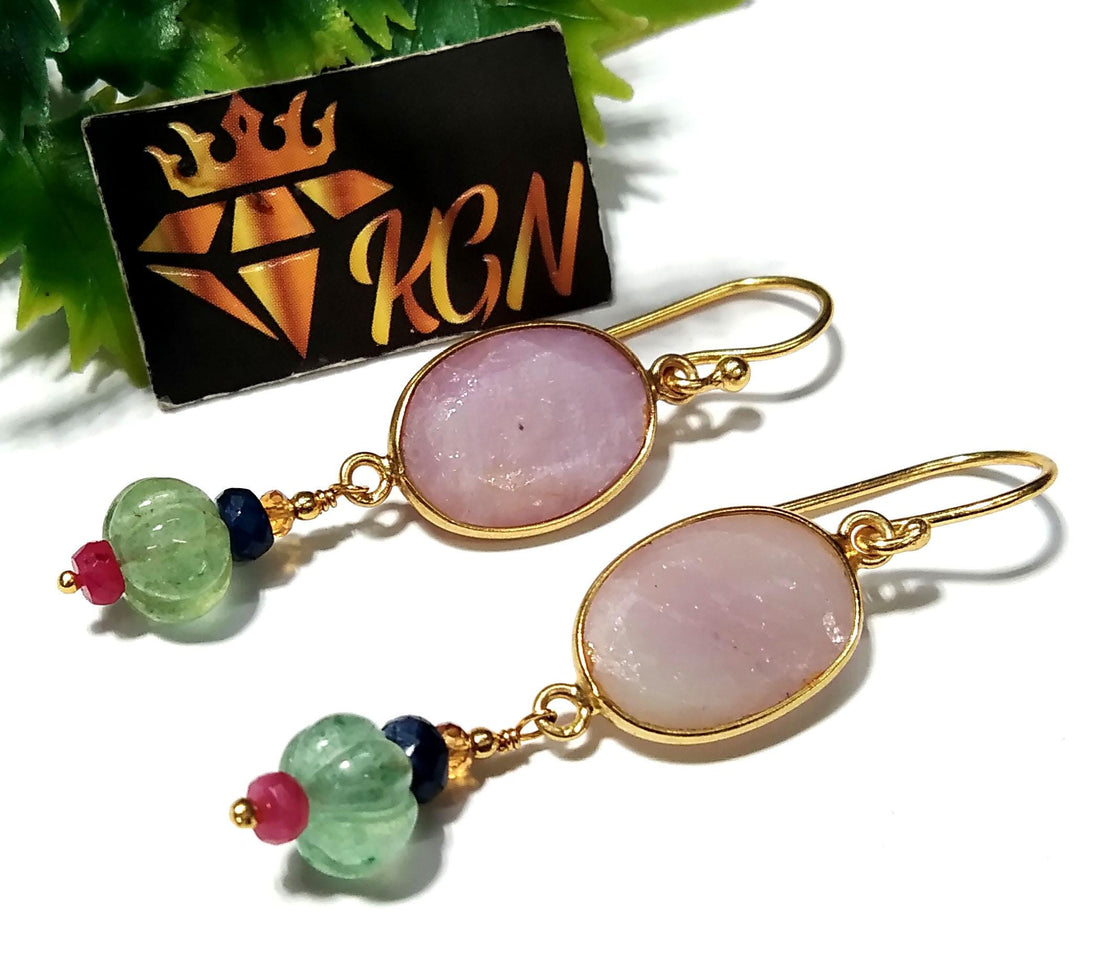 Natural Kunzite,Strawberry Quartz Stone Earring, 925 Starling Silver Gold Plated Earring Beautiful Kunzite Stone Size 13x10mm Gift For Women