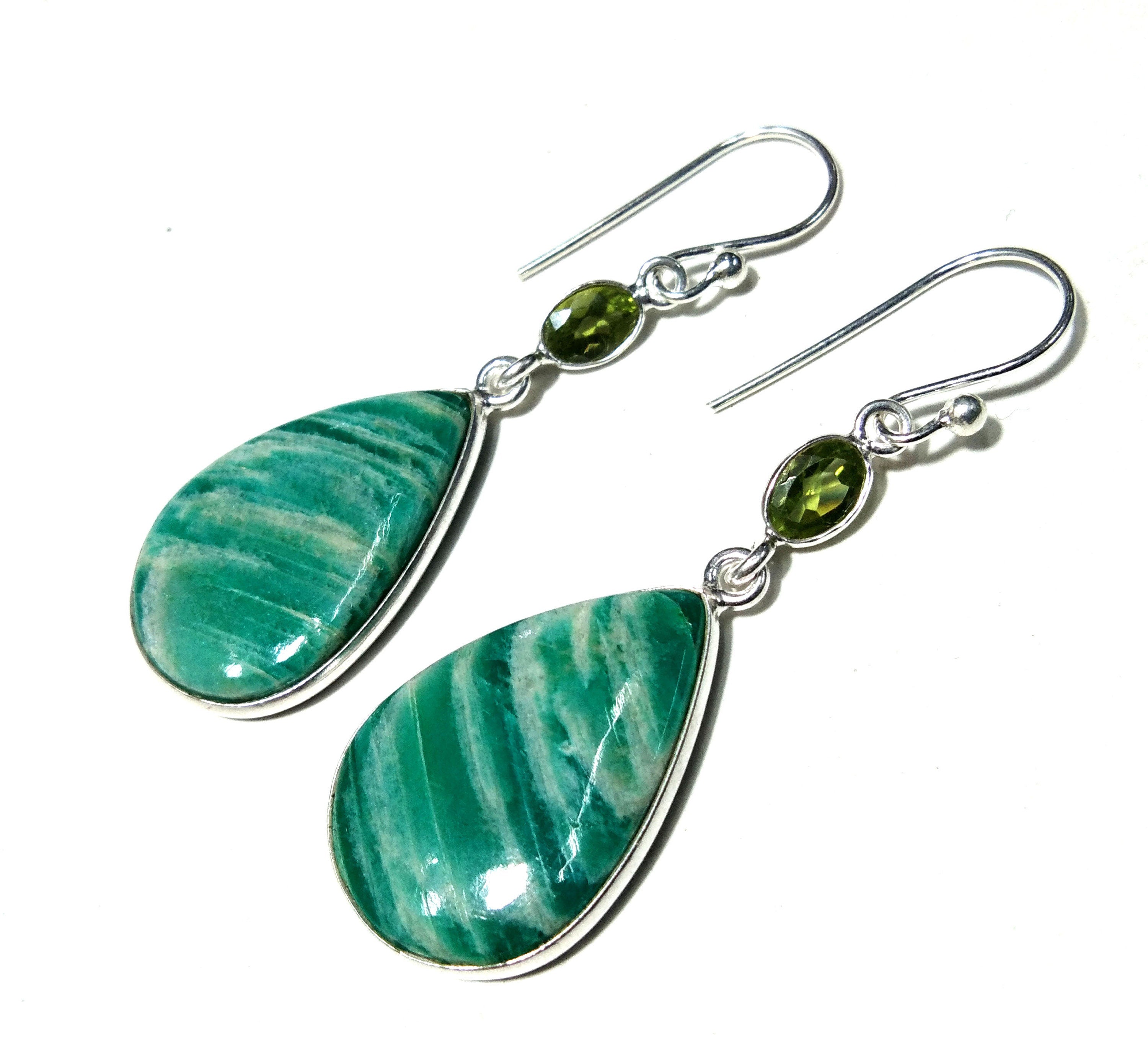 Natural Amazonite/Peridot Earring, Teardrop Amazonite Earring, 925 Silver In Gemstone Earring, Handmade Jewelry, Birthday Gift, Mother Gift