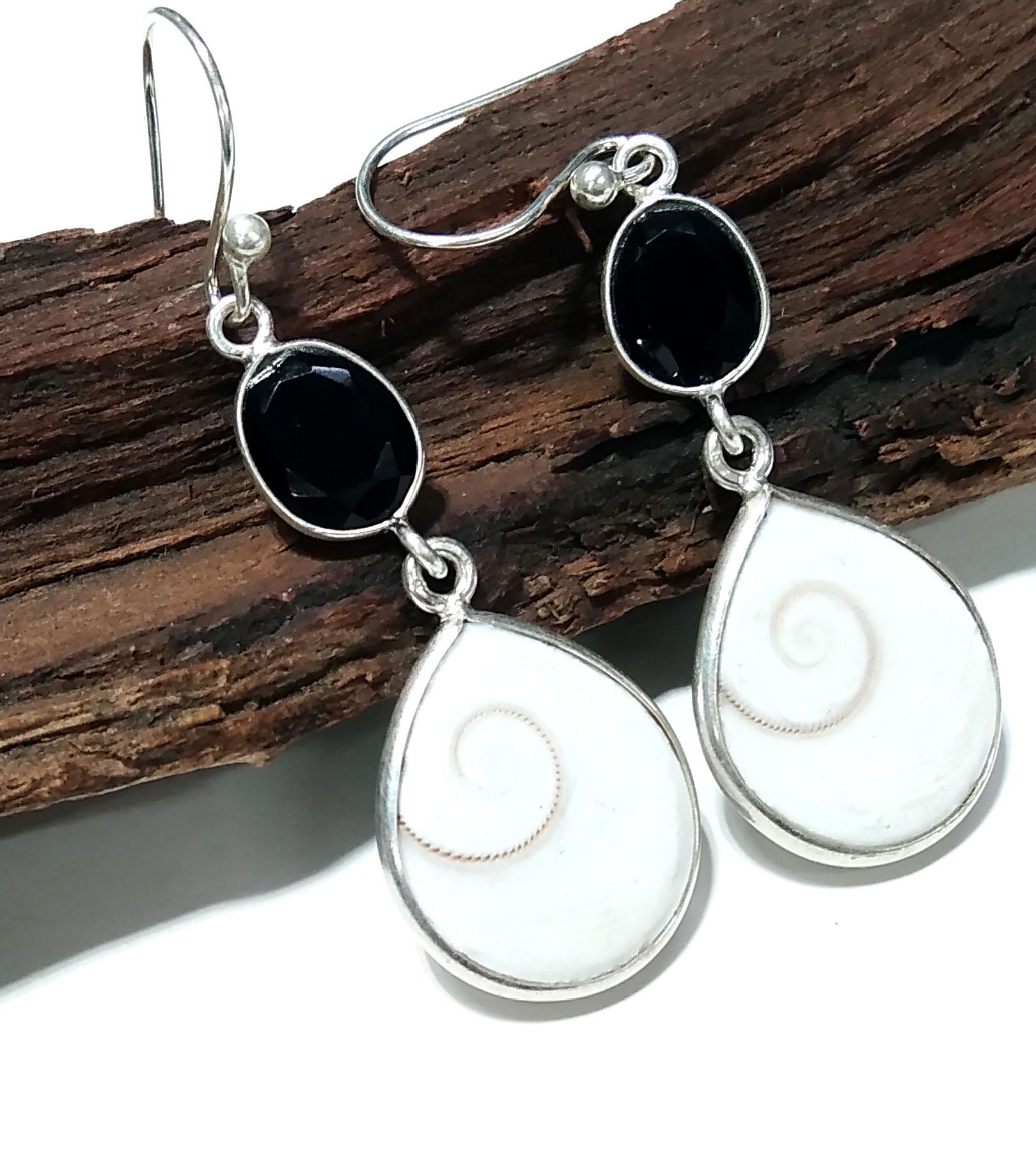 Natural Black Onyx/Shiva Eye Shell Stone Earring, 925 Starling Silver Earring, Beautiful Shiva Eye Shell Stone Size 17x15mm Gift Earring