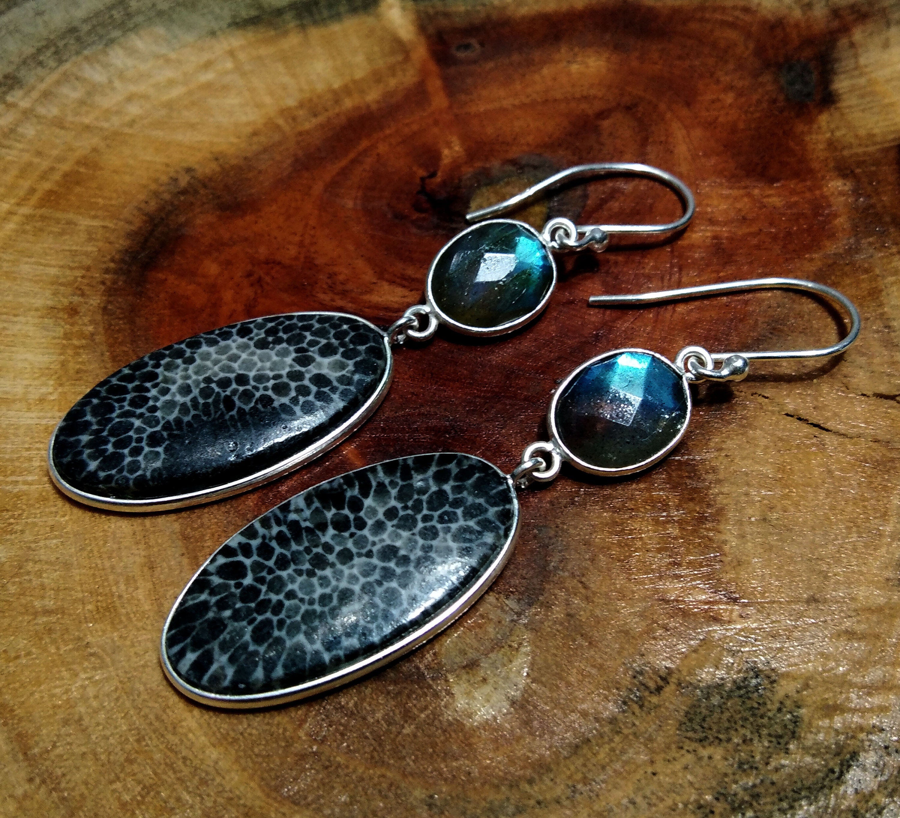 Fossil Coral & Labradorite Earring, 925 Sterling Silver Jewelry, Natural Gemstone Earring, Handmade Earring, For Gift Christmas