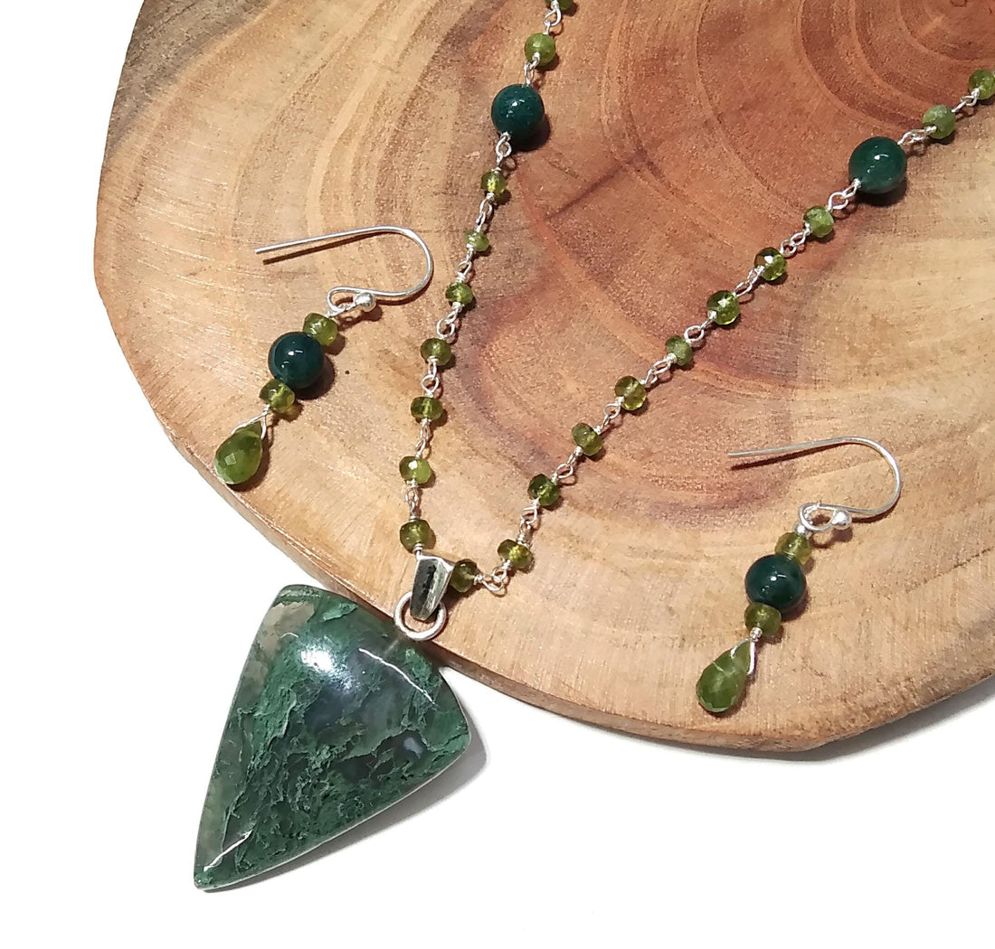 Natural Green Moss Agate Gemstone Necklace Earring Jewelry Set, 925 Sterling Silver Necklace Jewelry, Necklace Set For Women