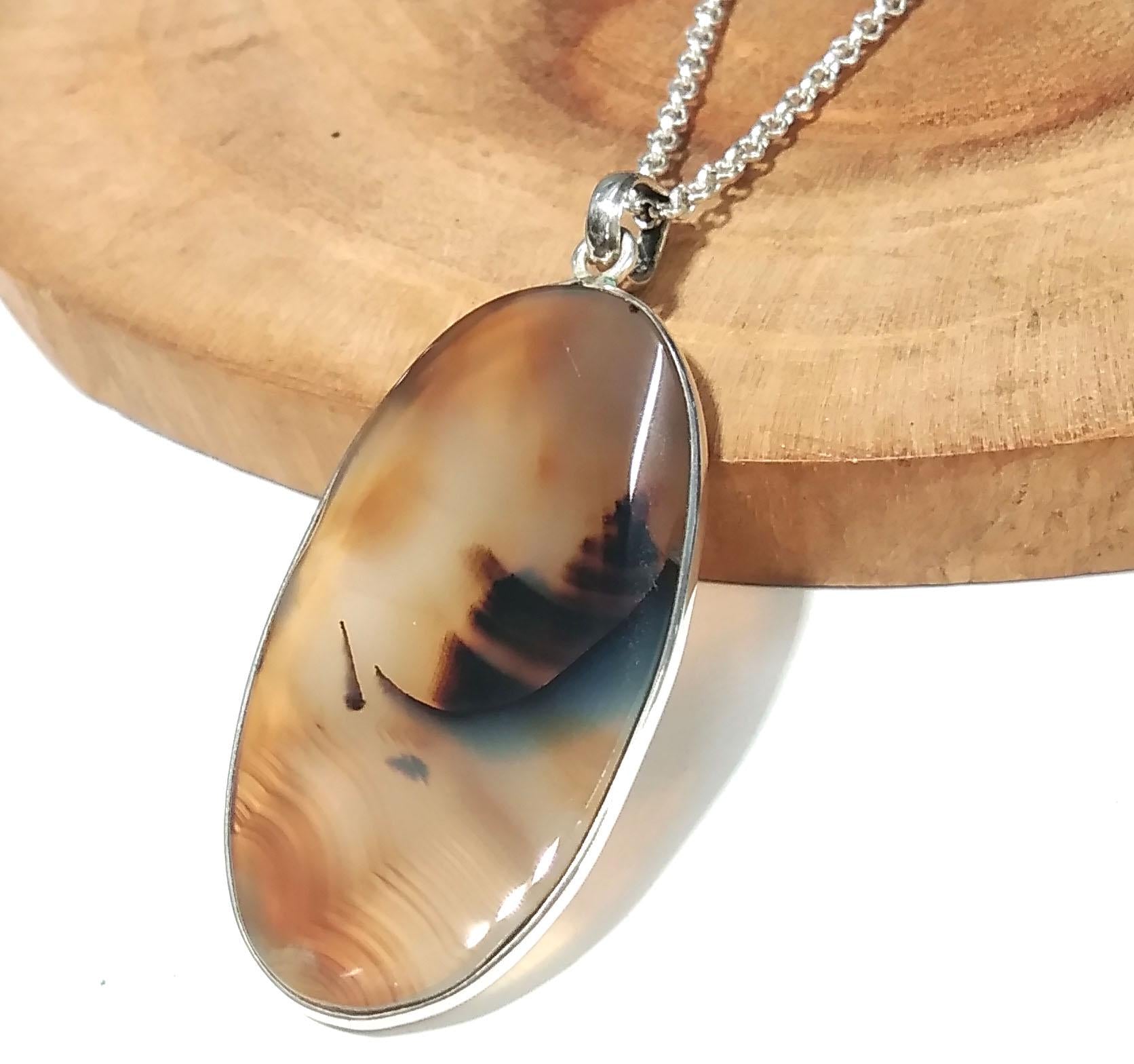 Natural Montana Agate Gemstone Pendant, 925 Starling Silver Pendant Necklace Chain, Handmade Jewelry Stone Size 40x22 mm Gift Pendant