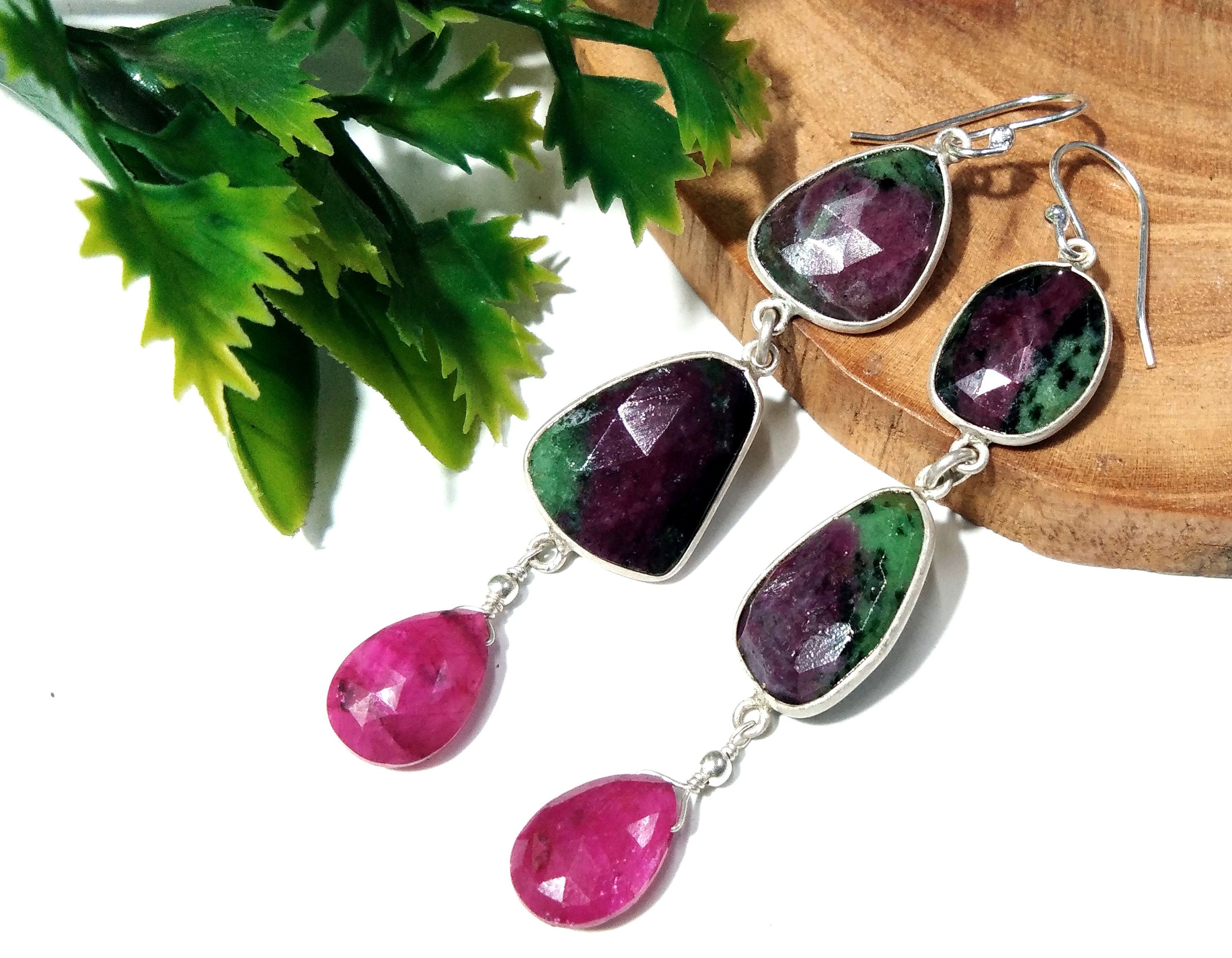 Natural Ruby Zoisite & Red Ruby Gemstone Earrings, Solid 925 Starling Silver Earrings, Ruby Zoisite Rose Cut Gemstone Handmade Gift Earrings