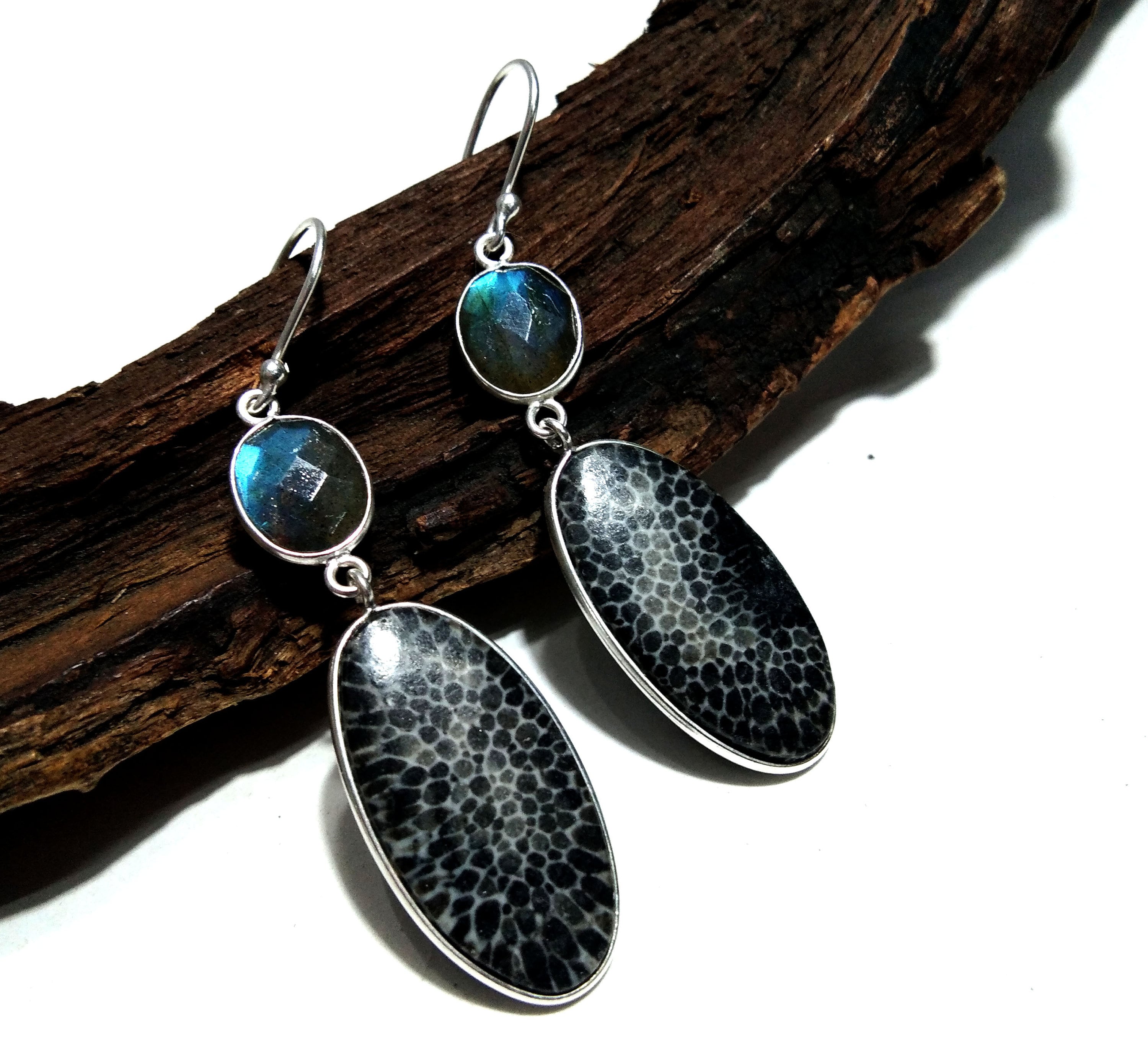 Fossil Coral & Labradorite Earring, 925 Sterling Silver Jewelry, Natural Gemstone Earring, Handmade Earring, For Gift Christmas