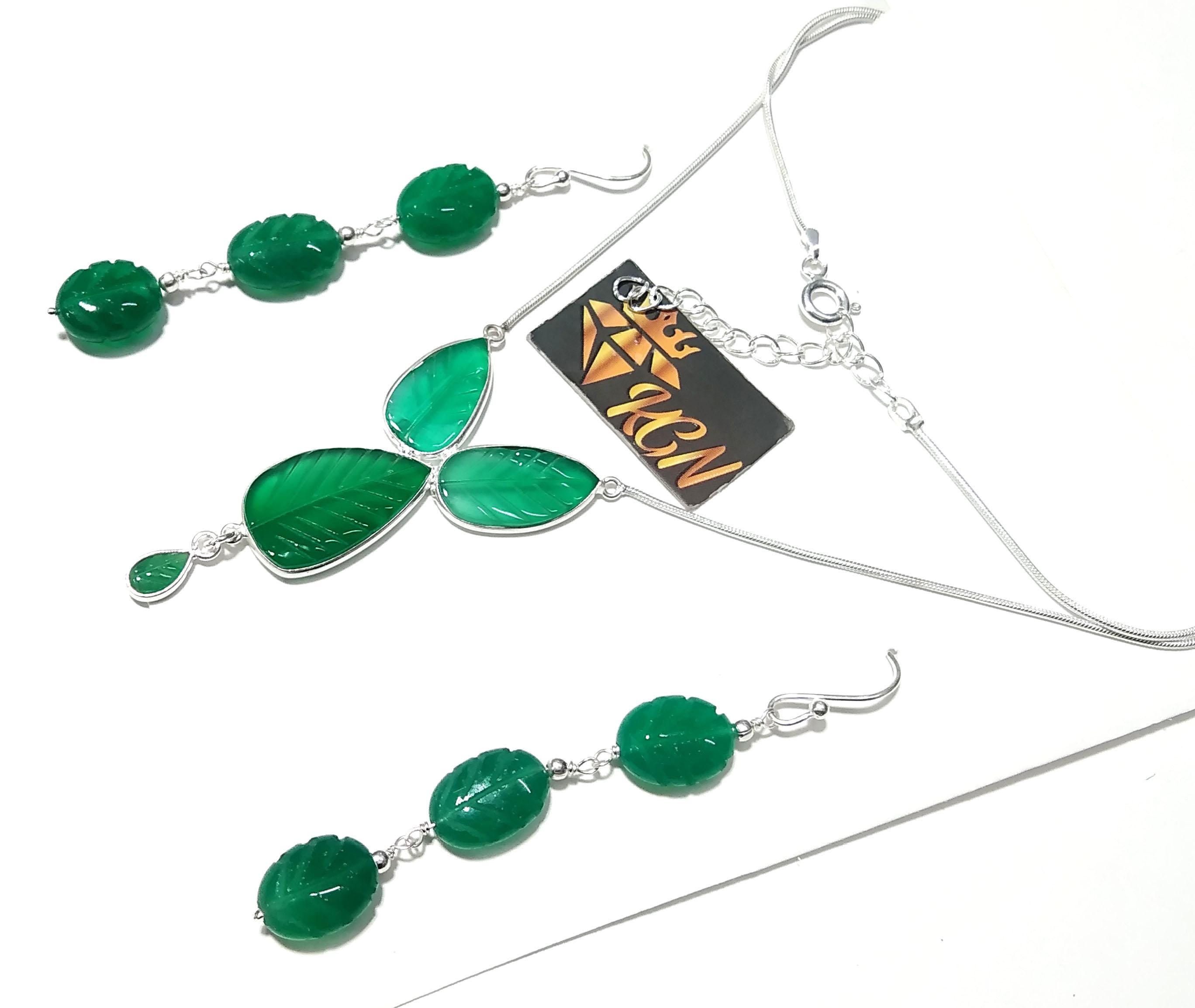 Natural Green Onyx Carved Gemstone Necklace & Earring Jewelry Set, 925 Starling Silver Necklace, Beautiful Onyx Carved Stone Gift For Her