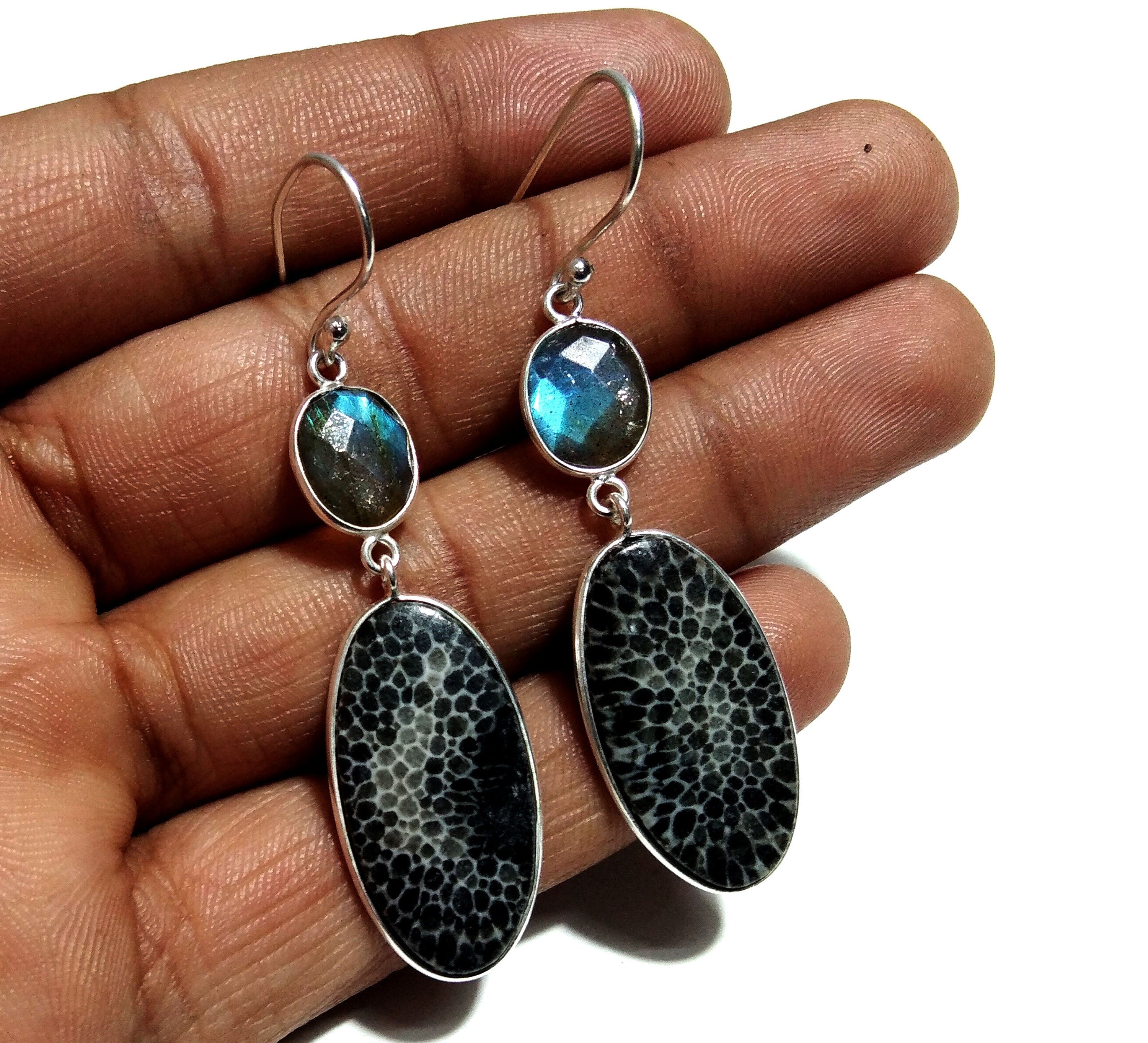 Fossil Coral & Labradorite Earring, 925 Sterling Silver Jewelry, Natural Gemstone Earring, Handmade Earring, For Gift Christmas