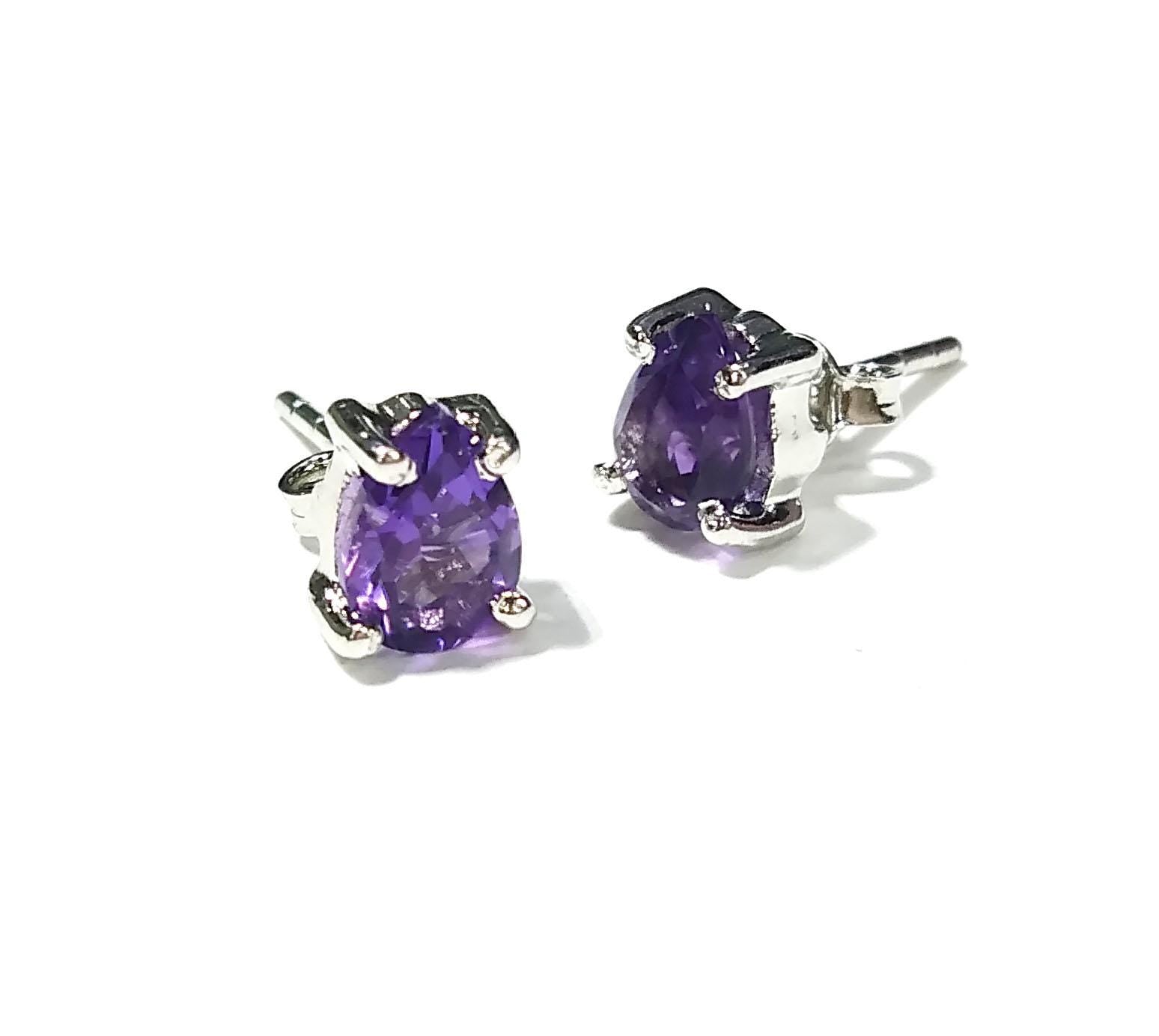 Natural Amethyst Stud Earrings, 925 Sterling Silver Amethyst Stud Earrings, Amethyst Gemstone Pear Shape Stone Size 7x5mm Gift For Women.