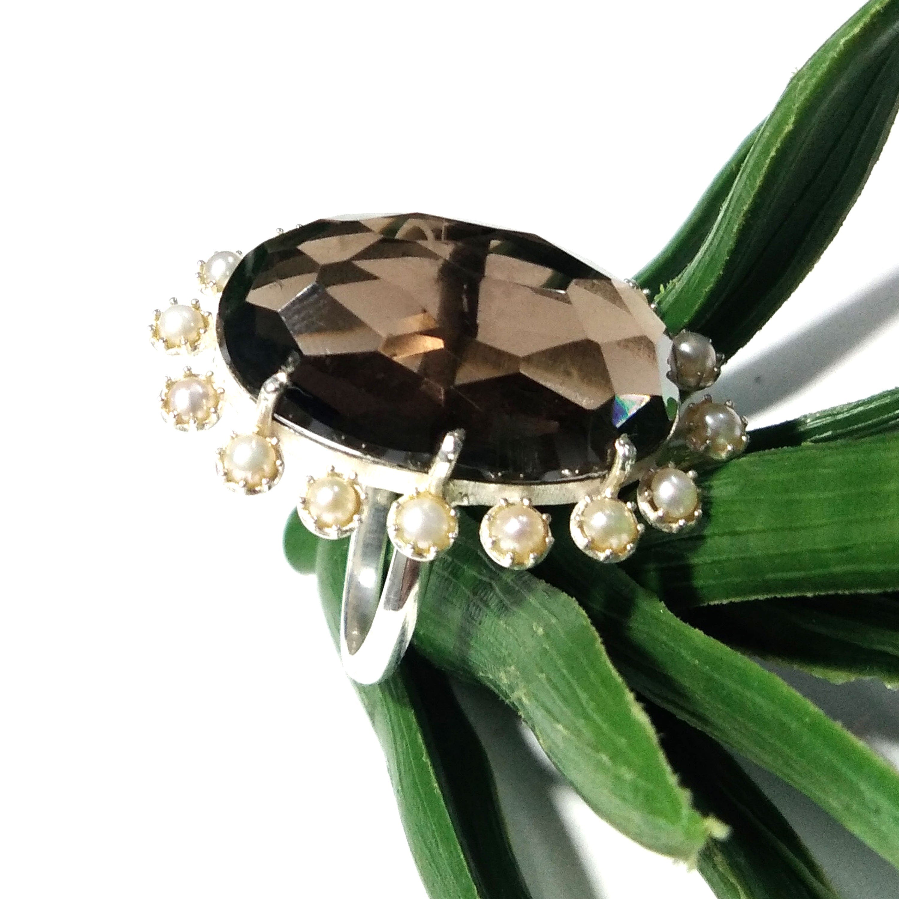 Natural Smoky Quartz,Freshwater Pearl Gemstone Ring, 925 Solid Starling Silver Ring, Jewelry Stone Size 24x14mm Statement Ring Birthday Ring