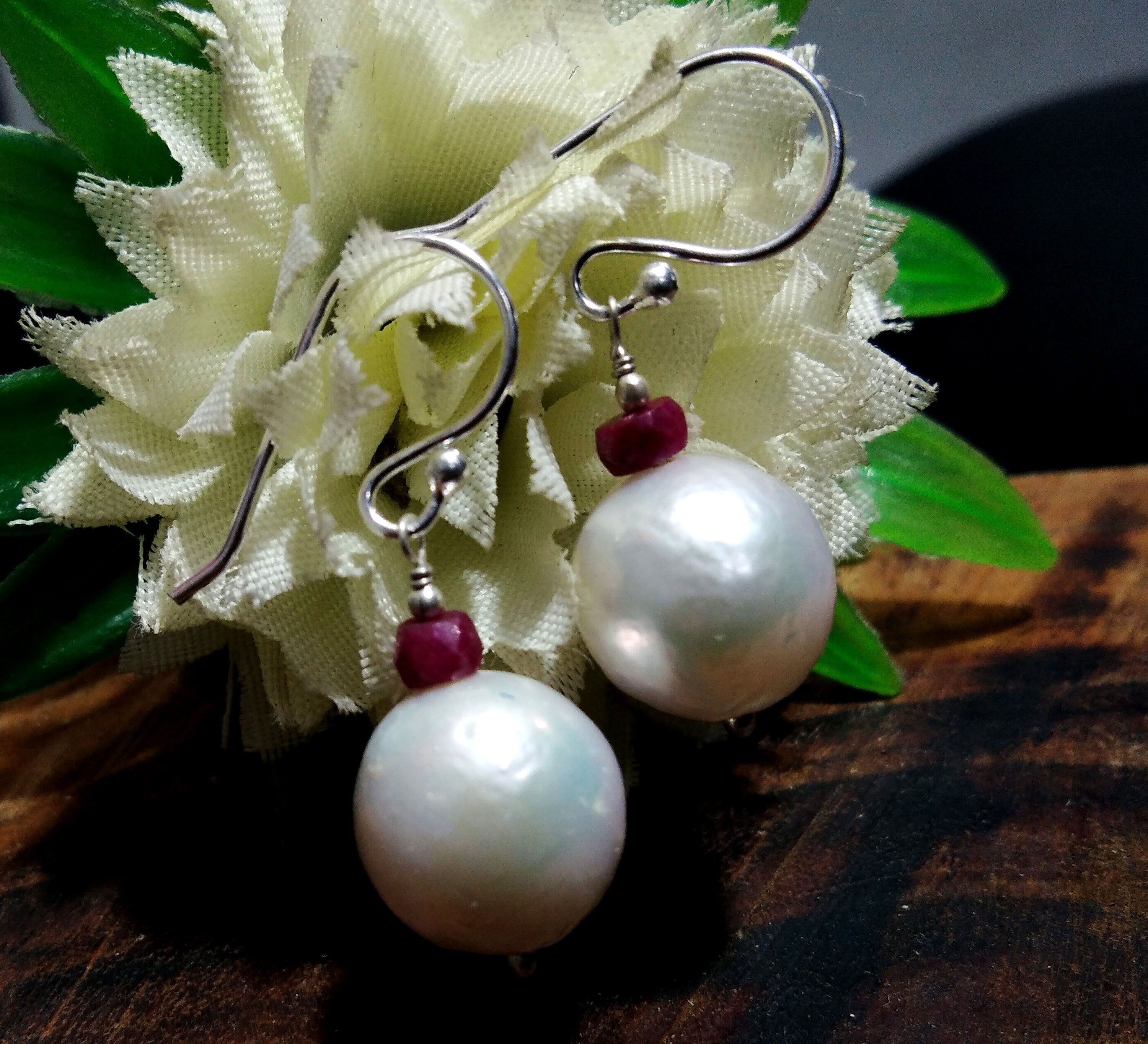 Natural South Sea Pearl Earring, Pearl & Red Ruby Earring, 925 Silver Earring, Round Shape Pearl Beautiful Earring, Girls/Women Gift Jewelry
