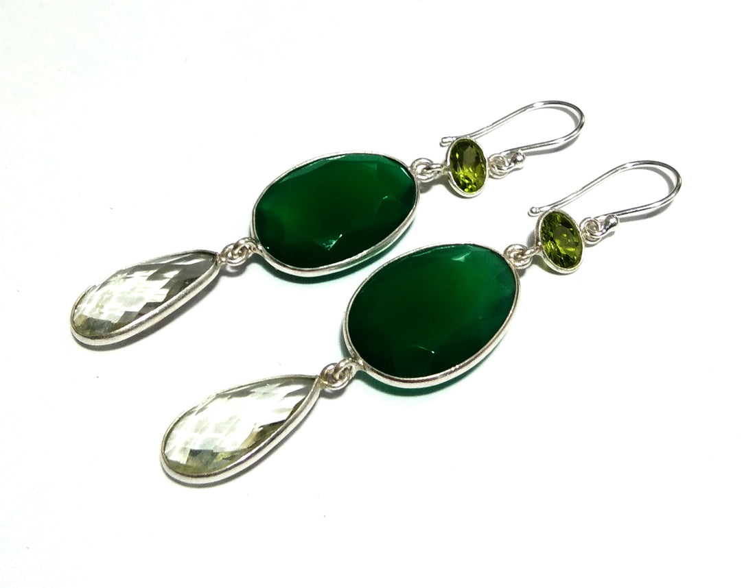 Natural Green Onyx, Amethyst, Peridot Stone Drop Earring, 925 Solid Starling Silver Earring, Onyx, Amethyst Gemstone Gift Wedding Earring