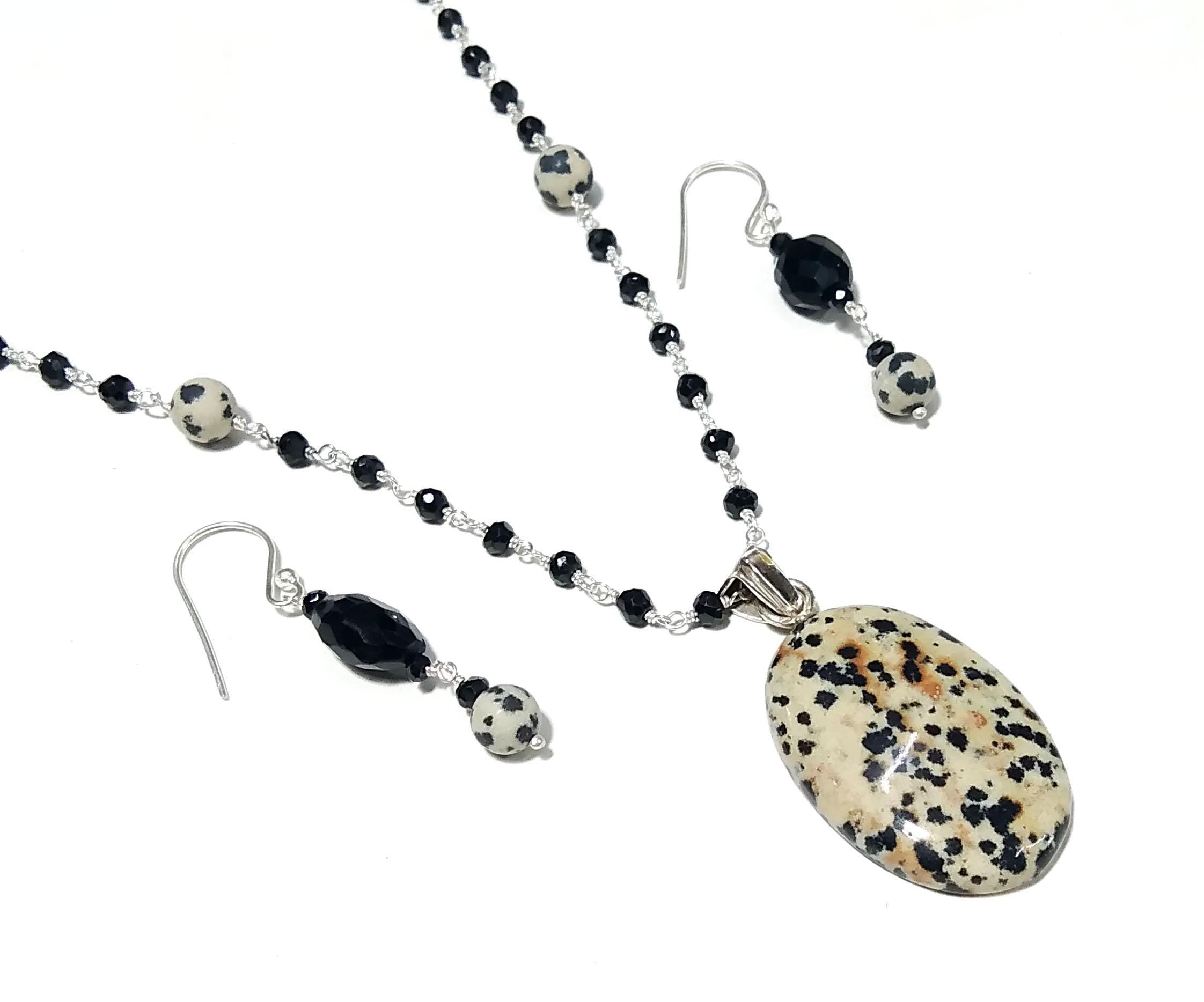 Natural Dalmatian Jasper/Black Onyx Necklace Earring Jewelry Set, 925 Sterling Silver Necklace Gemstone Necklace Statement For Gift Jewelry