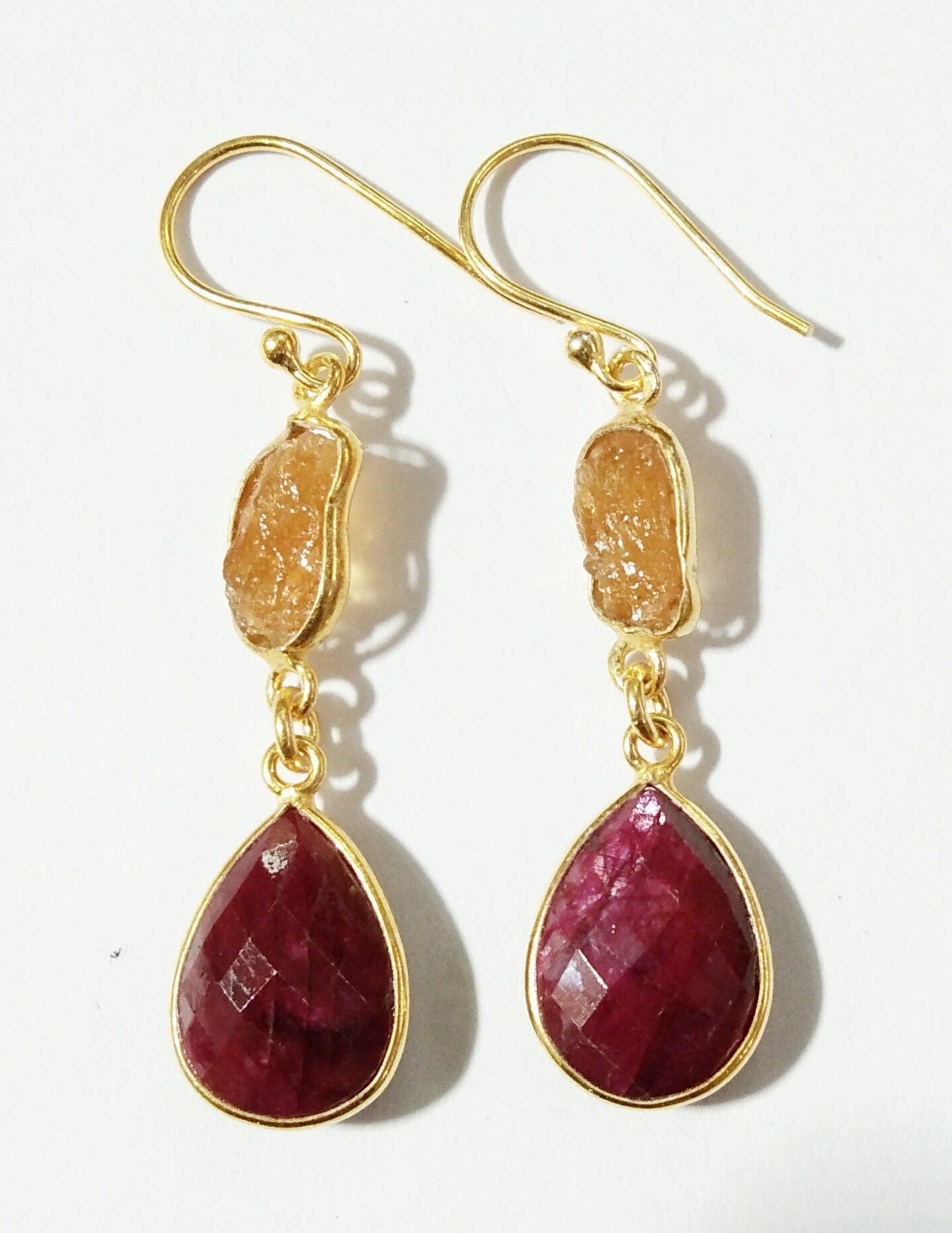 Gemstone Ruby, Orange Garnet Rough Earring, Beautiful Bezel Handmade Earring, 925 Sterling Silver With Gold Plaited Earring, For Girls/Women