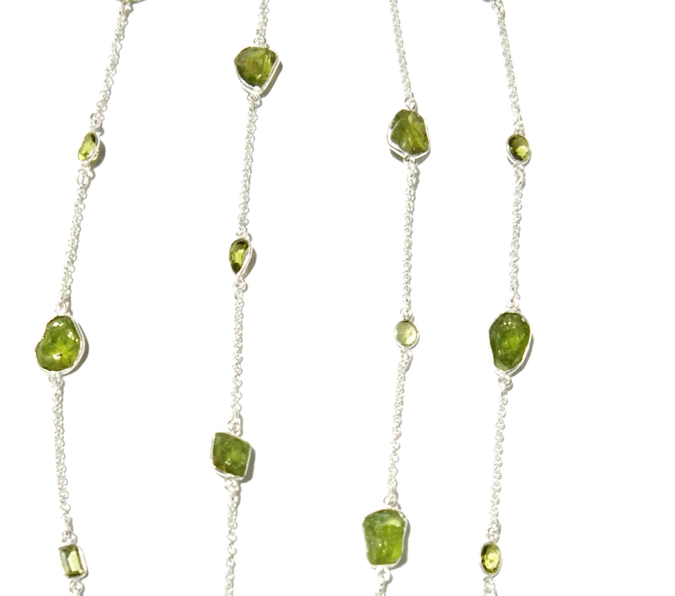 Log Chain Necklace Peridot Rough & Faceted Stone Chain Necklace, 925 Sterling Silver Bezel Setting Long 36" inch Chain Necklace Birthstone
