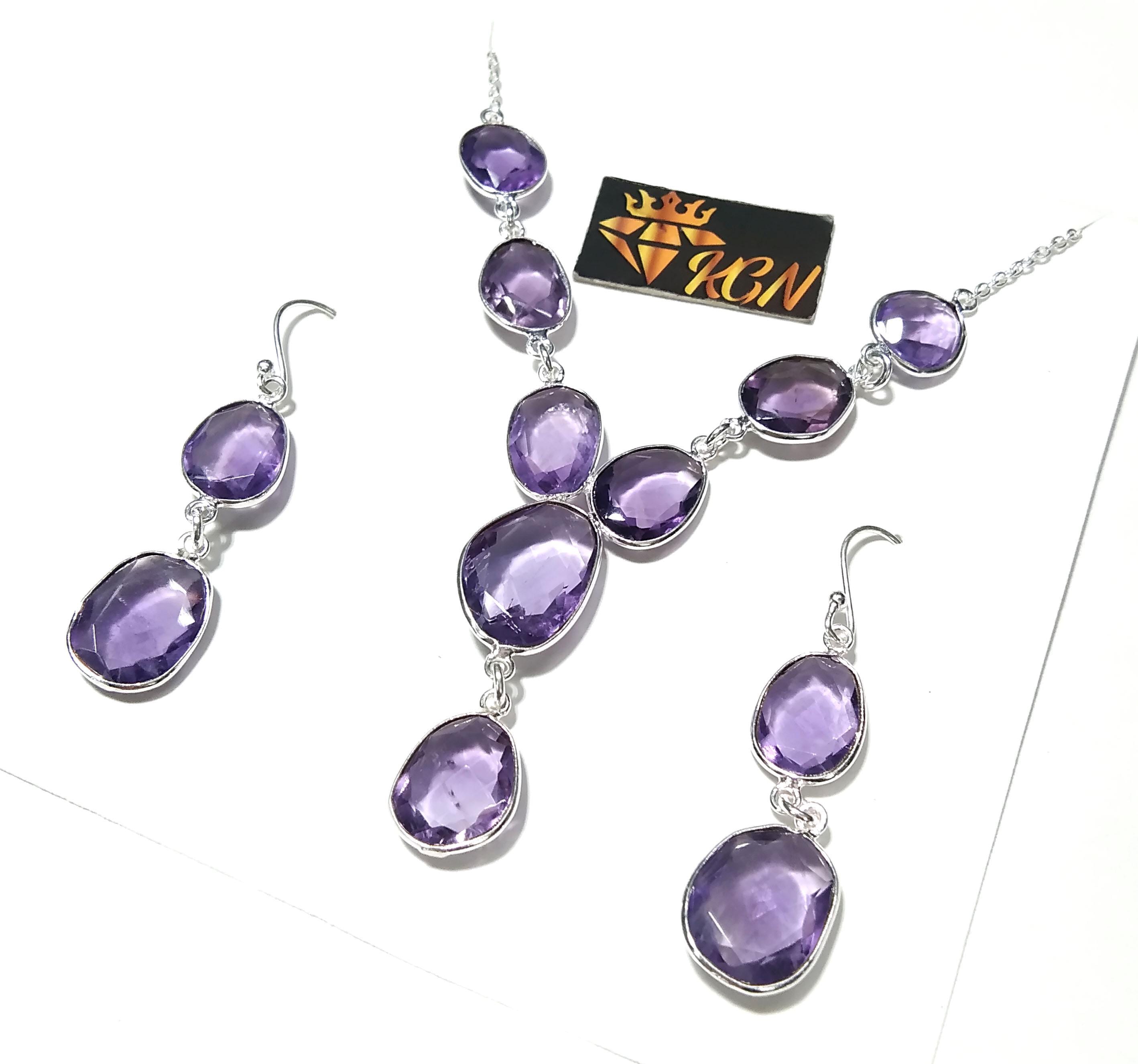 Natural Amethyst Gemstone Earrings And Necklace Jewellery Set, 925 Sterling Silver Necklace Amazing Quality Amethyst Gift For Girls/Women