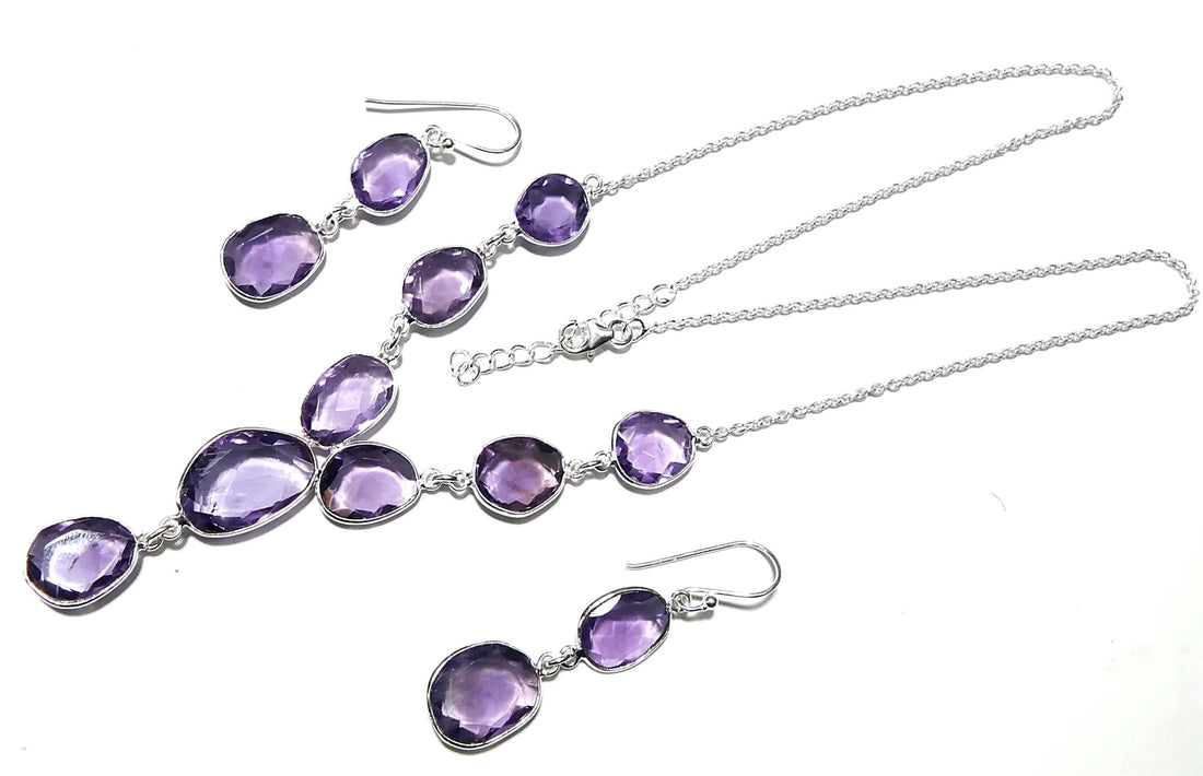 Natural Amethyst Gemstone Earrings And Necklace Jewellery Set, 925 Sterling Silver Necklace Amazing Quality Amethyst Gift For Girls/Women