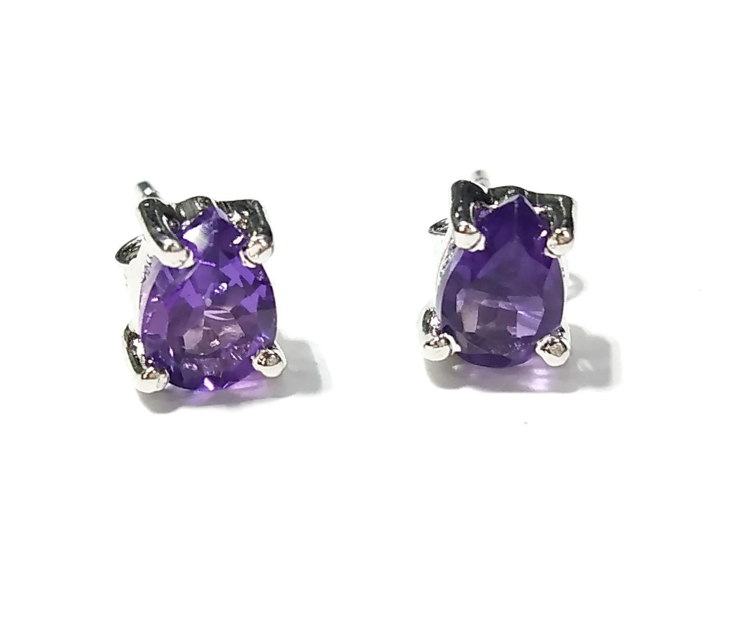 Natural Amethyst Stud Earrings, 925 Sterling Silver Amethyst Stud Earrings, Amethyst Gemstone Pear Shape Stone Size 7x5mm Gift For Women.