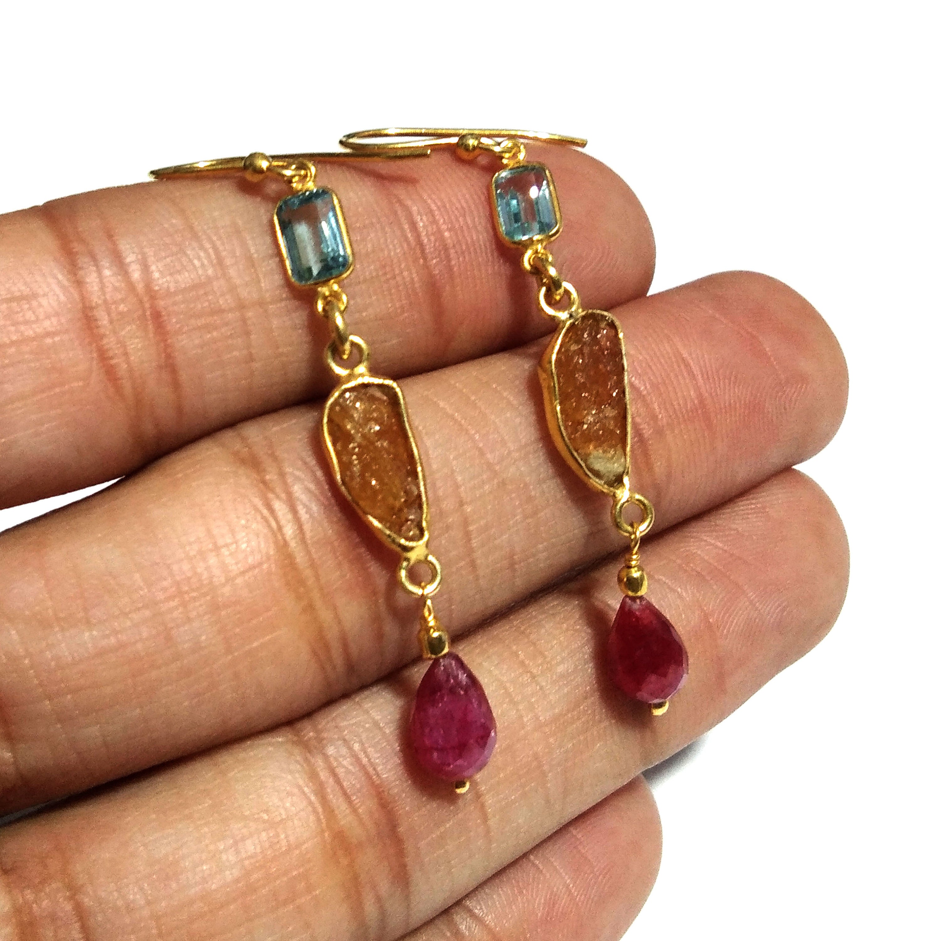 Natural Blue Topaz/Citrine Rough Stone Drop Earring, 925 Starling Silver Gold Plated Earring, Stone Size Mix Gift Diwali Earring Jewelry