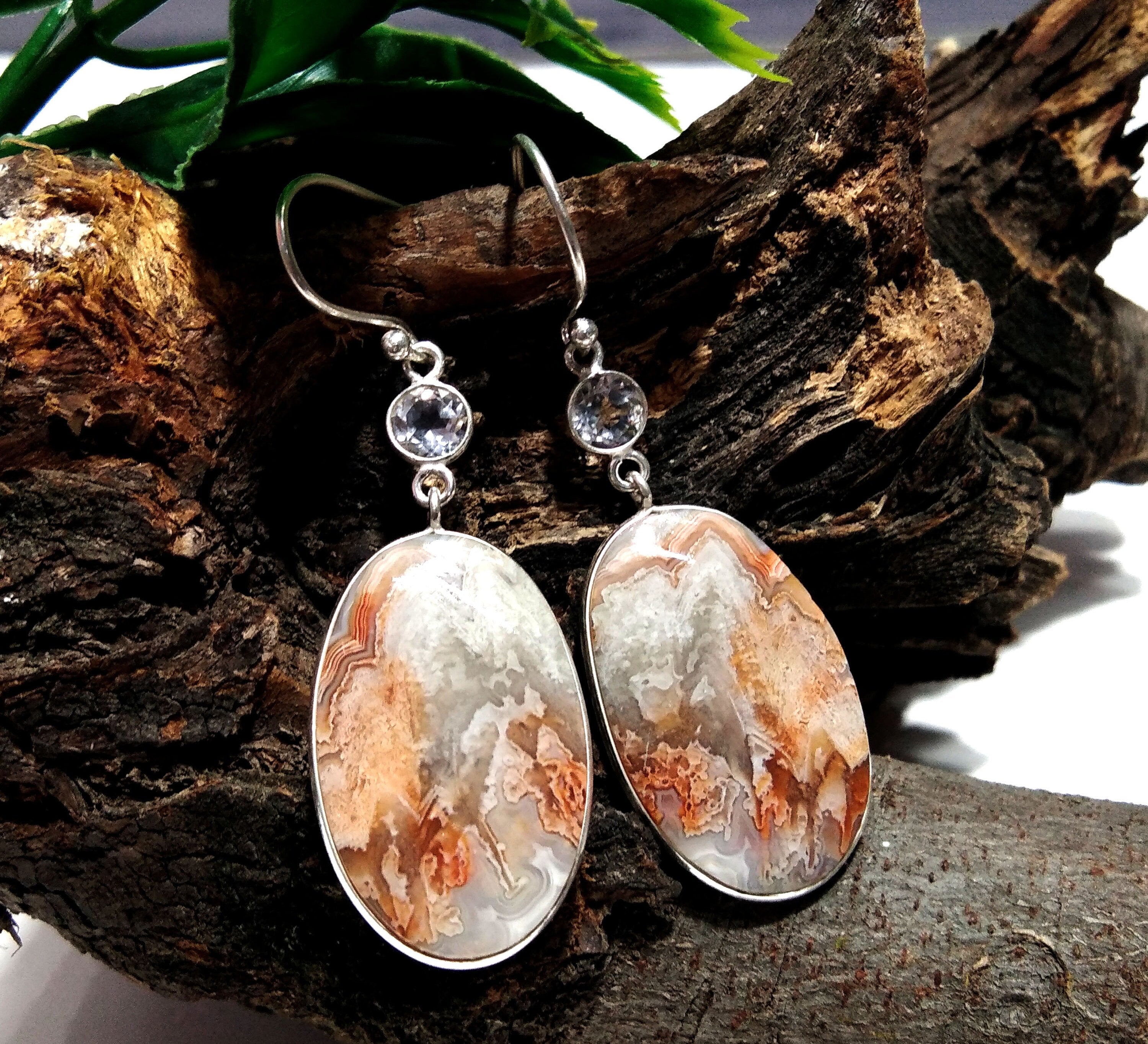 Natural Crazy lace Agate/White Topaz Stone Earring, 925 Solid Starling Silver Earring Oval Shape Stone Size 25x17mm Gift Girls/Women Earring