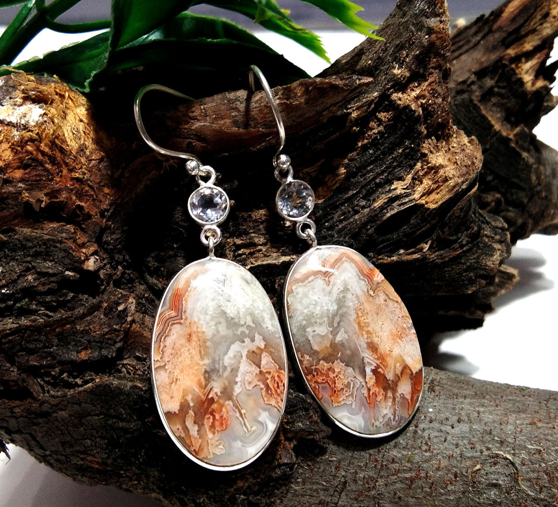 Natural Crazy lace Agate/White Topaz Stone Earring, 925 Solid Starling Silver Earring Oval Shape Stone Size 25x17mm Gift Girls/Women Earring