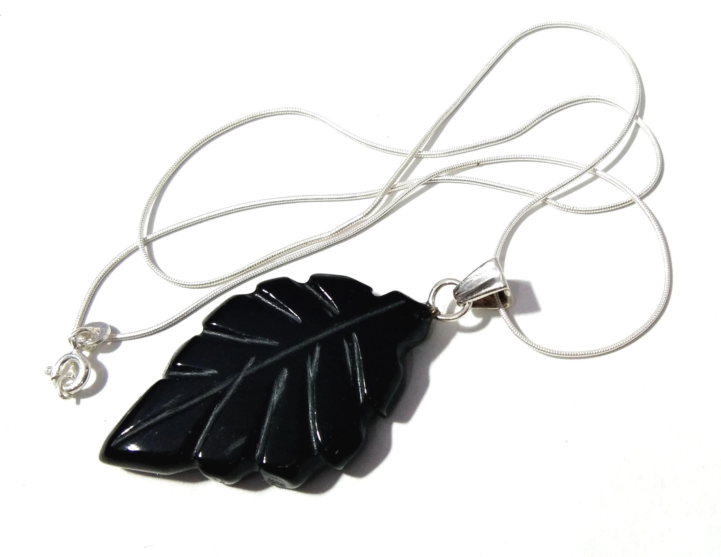 Natural Black Onyx Leaf Carving Pendant, 925 Starling Silver Chain Necklace Pendant, Amazing Genuine Necklace Jewelry For Girls & Women Gift