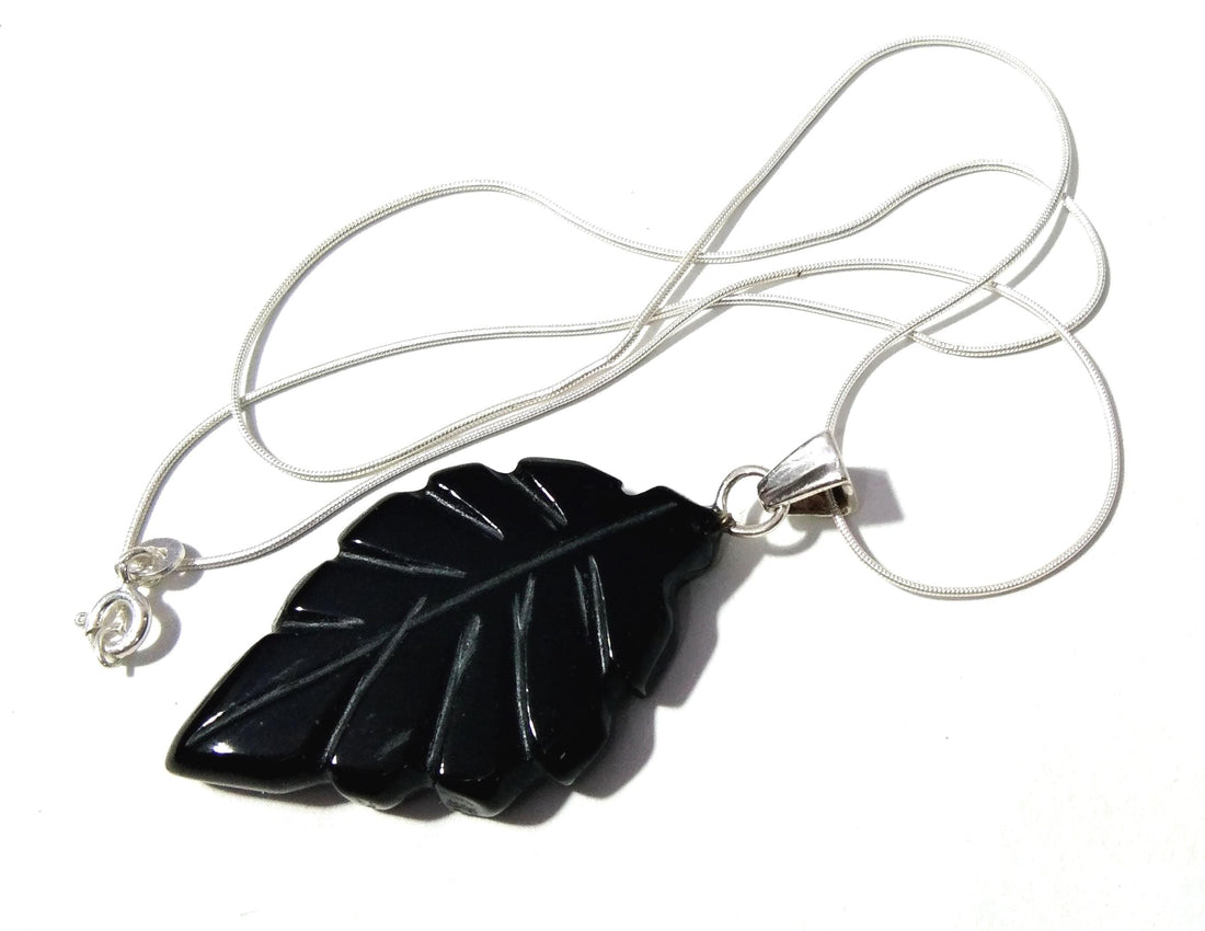 Natural Black Onyx Leaf Carving Pendant, 925 Starling Silver Chain Necklace Pendant, Amazing Genuine Necklace Jewelry For Girls & Women Gift