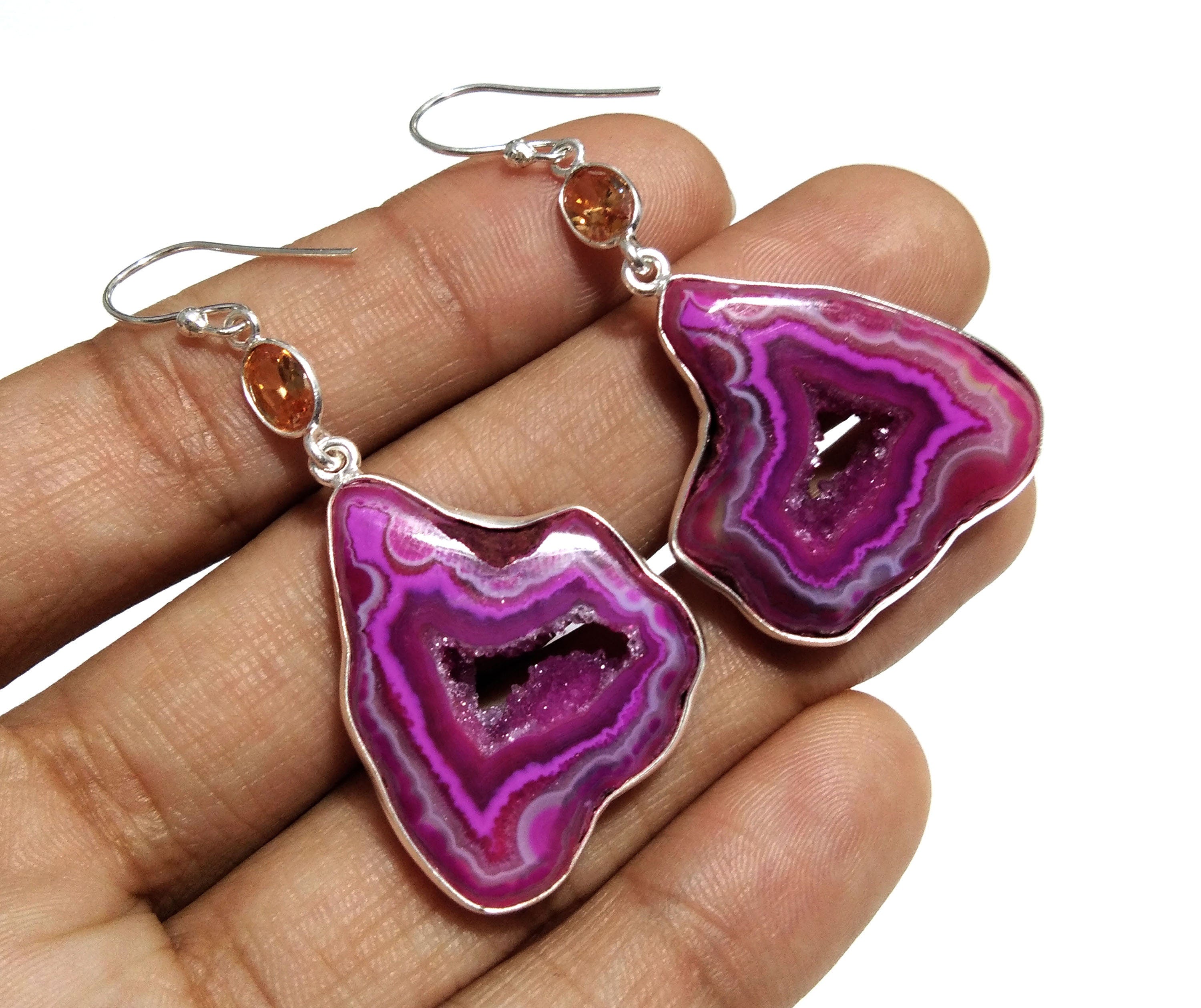Natural Pink Banded Agate Slice Druzy/Citrine Stone Earring, 925 Solid Starling Silver Earring, Stone Size 30x24 mm Gift Christmas Earring