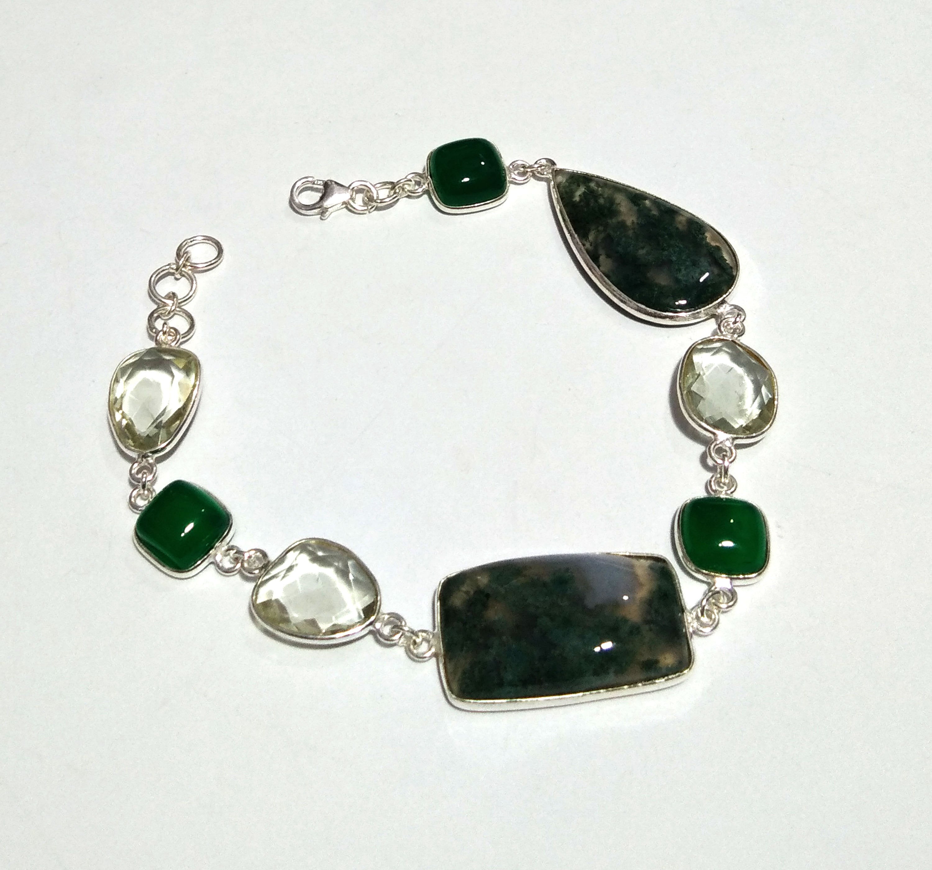 Natural Green Moss Agate/Green Onyx/Amethyst Gemstone Bracelet, 925 Sterling Silver Bracelet 8 inches Stone Size 25x15 mm to 9x9 mm Bracelet