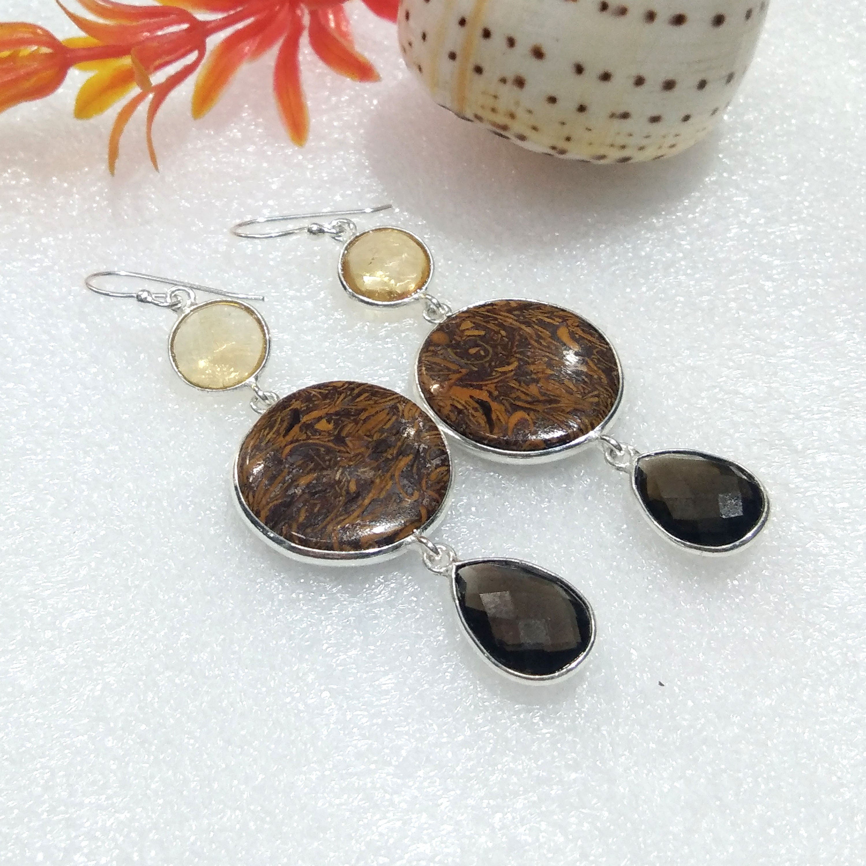 Natural Asteroid Jasper,Smoky Quartz Gemstone Earring, 925 Solid Starling Silver Earring, Handmade Silver Jewelry Stone Earring Gift Jewelry