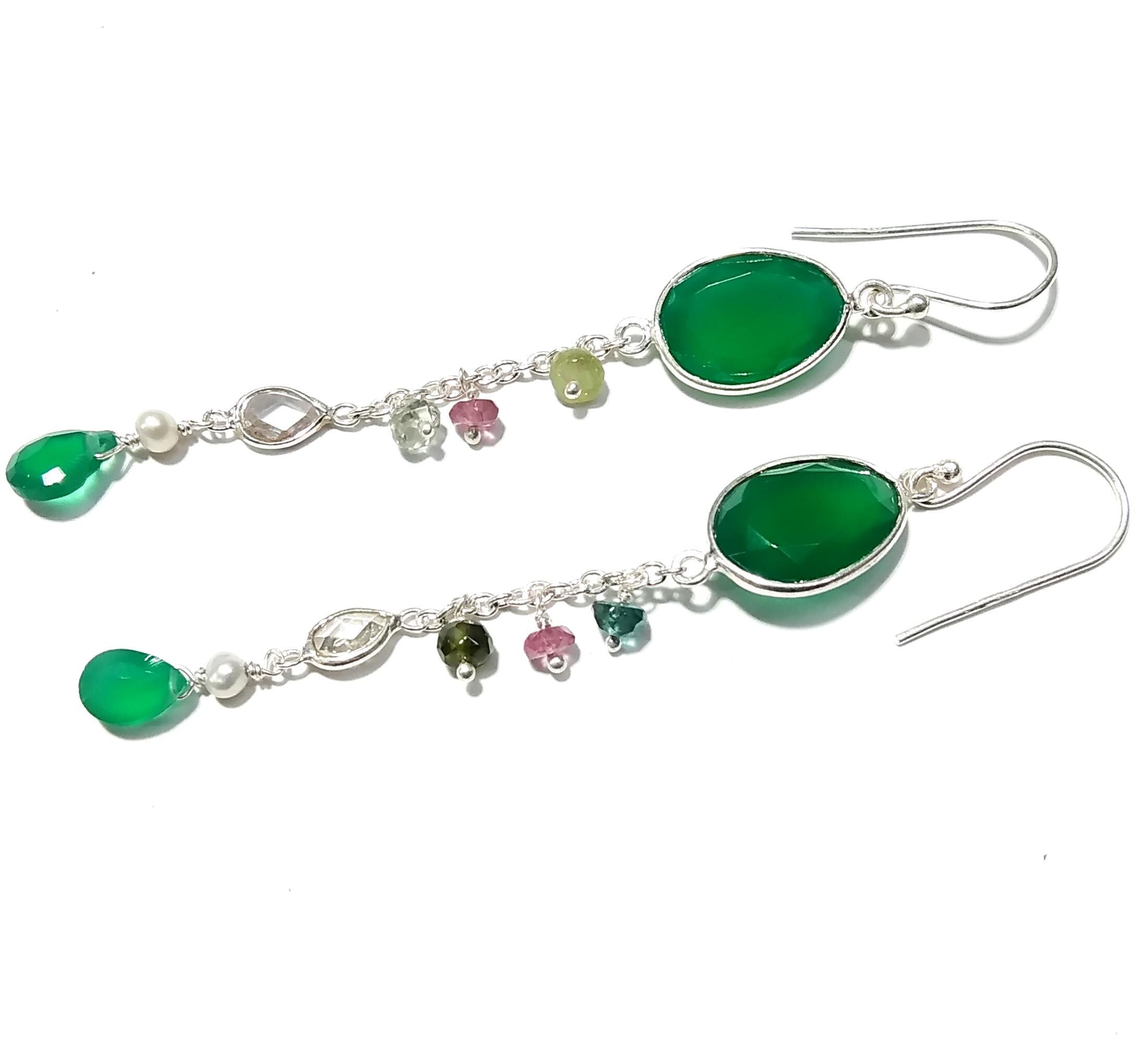 Natural Multi Tourmaline And Green Onyx Gemstone Earrings, 925 Sterling Silver Earring Handmade Making Jewelry Earring, For Girls & Women.