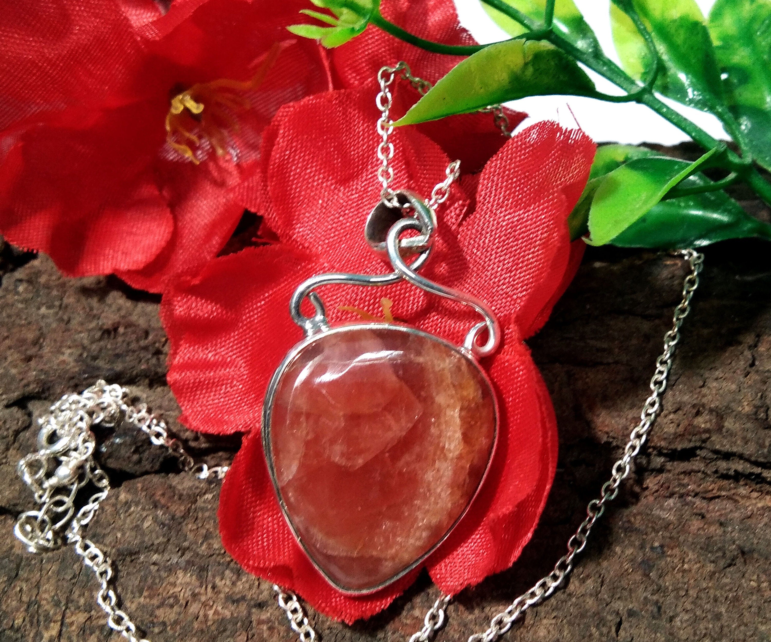 Natural Rhodochrosite Gemstone Pendant Chain Necklace, 925 Starling Silver Pendant Jewelry Heart Shape For Gift Easter Chain Pendant