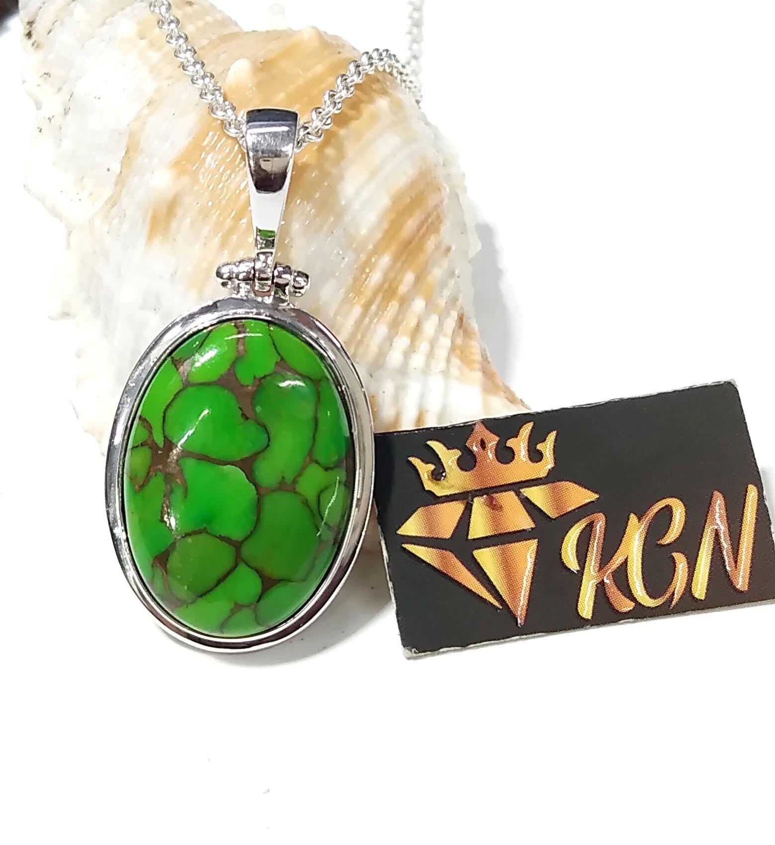 Natural Green Copper Turquoise Pendant Chain Necklace, 925 Starling Silver Pendant, Nice Green Color Pendant, Gift Wedding Pendant Jewelry