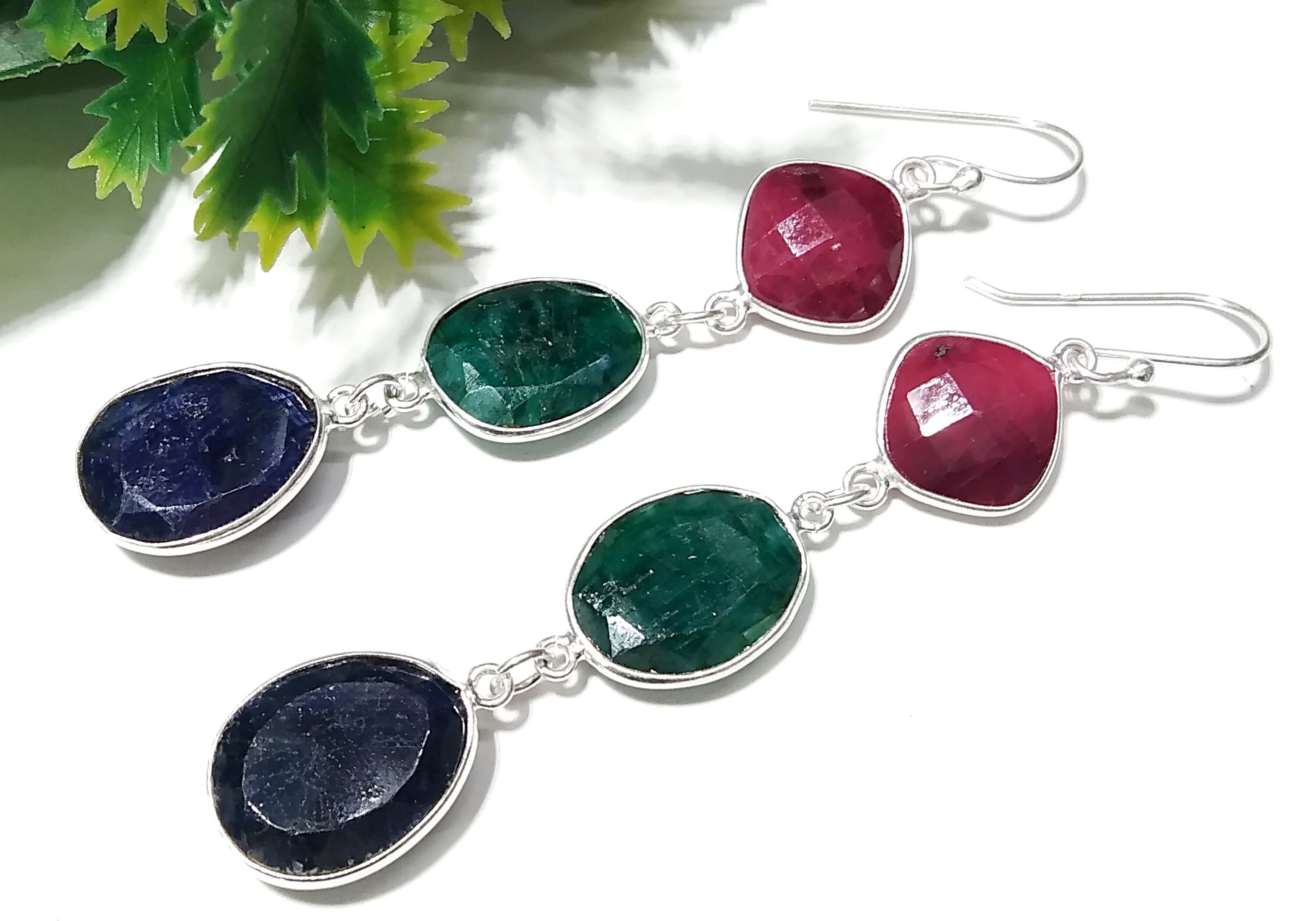Natural Emerald,Red Ruby,Blue Sapphire Stone Earring, 925 Solid Starling Silver Earring Gemstone, Gift Wedding Earring, Handmade Jewelry