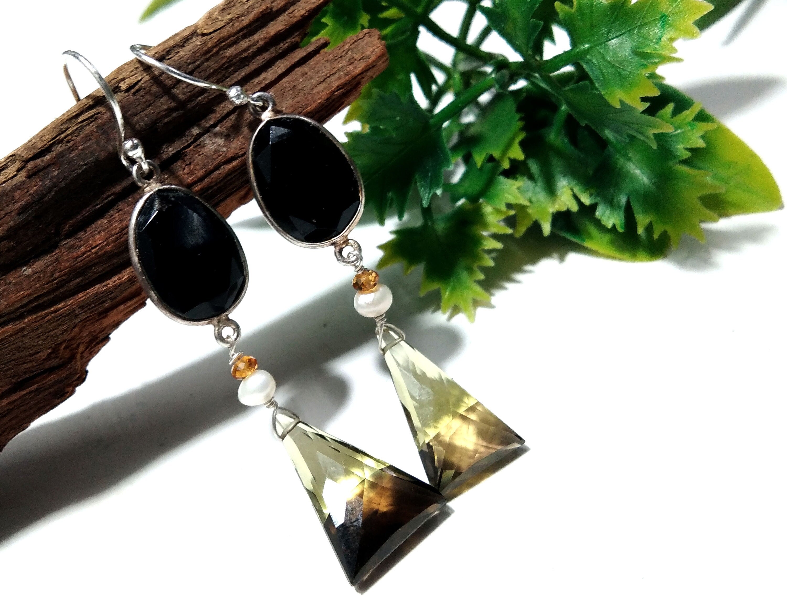 Natural Doublet Gemstone Lemon & Smoky Quartz Multi Stone Earrings, With 925 Starling Silver Jewelry Earring, For Gifts Girls/Women