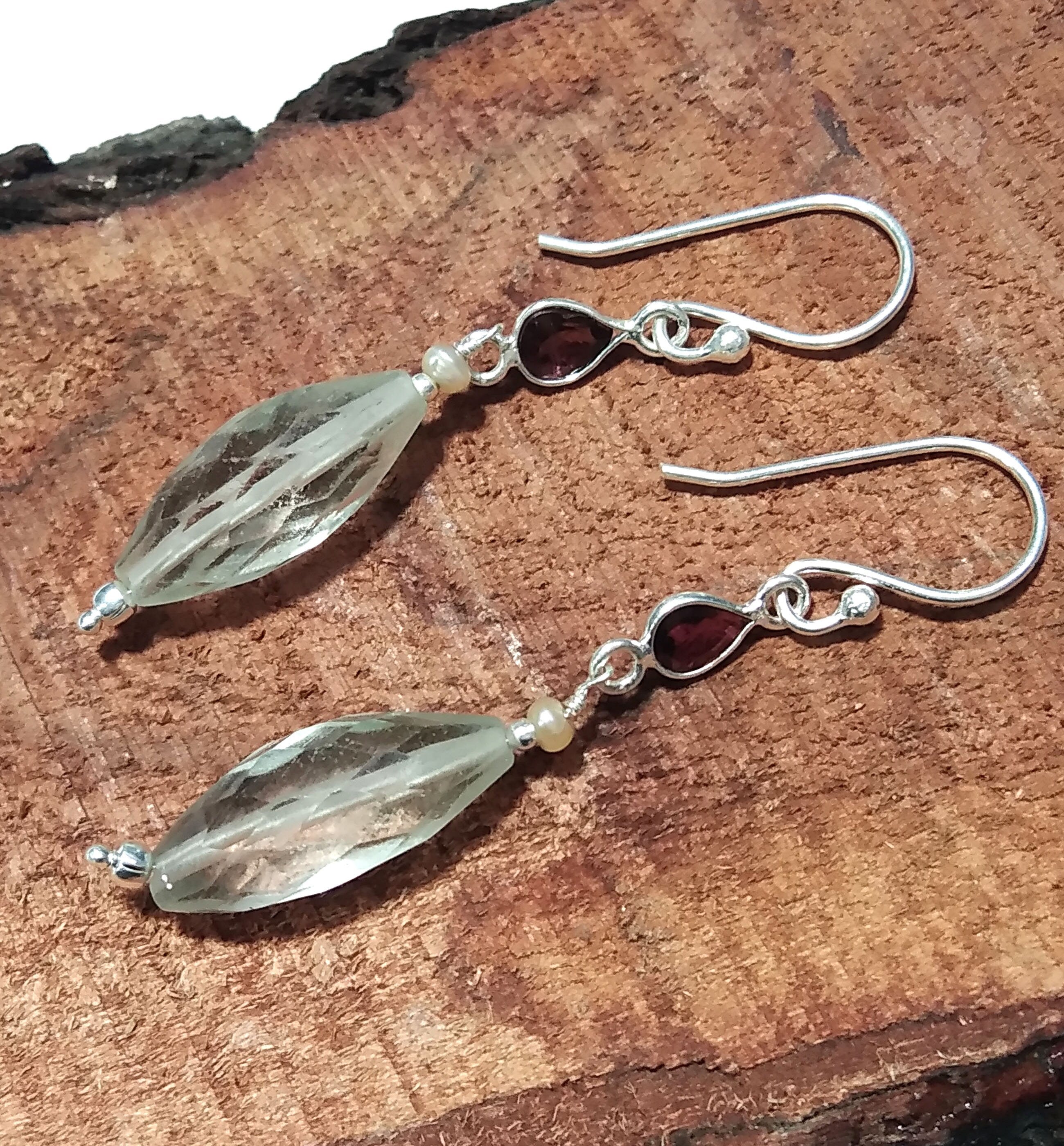 Natural Green Amethyst/Garnet Gemstone Drop Earring, 925 Solid Starling Silver Earring, Stone Size 19x7 mm Gift Birthday Earring Jewelry