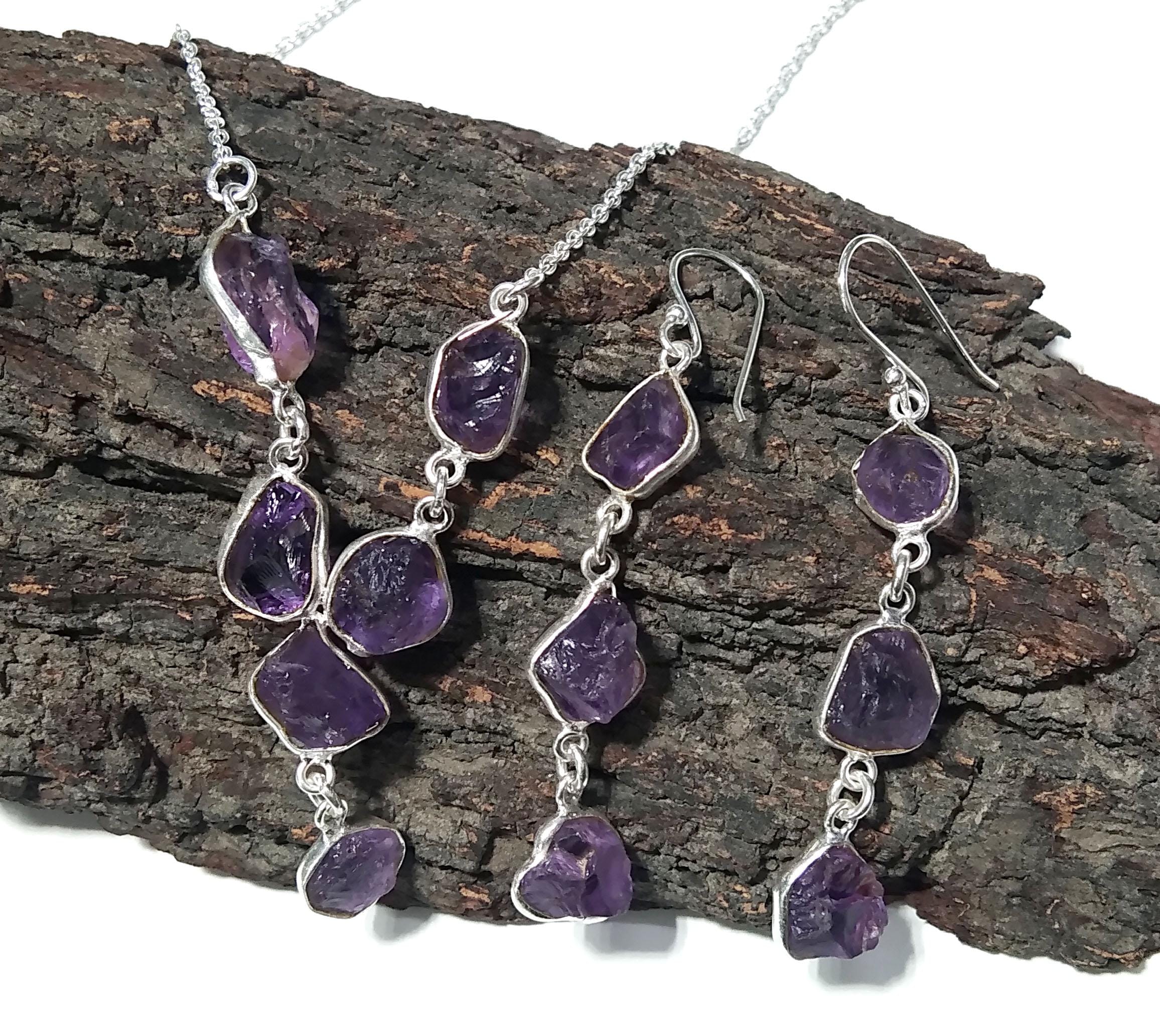 Natural Amethyst Rough Earrings And Necklace Jewellery Set, 925 Solid Sterling Silver Necklace Amazing Quality Amethyst Gift For Girls/Women