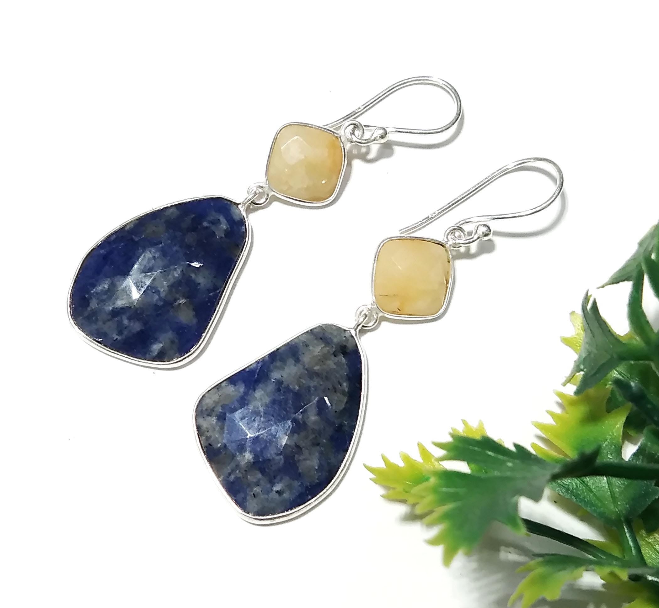 Very Nice Earring ! Yellow Sapphire & Blue Jade Natural Gemstone Earring, 925 Solid Starling Silver Jewelry, Handmade Bezel Earring For Gift